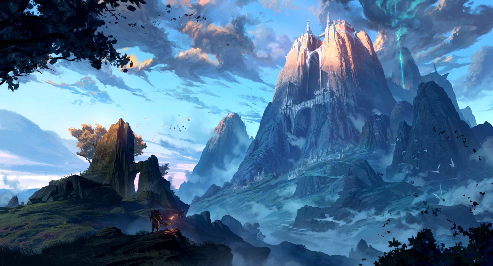 Download mobile wallpaper Landscape, Fantasy, Mountain, Warrior, Gate for free.