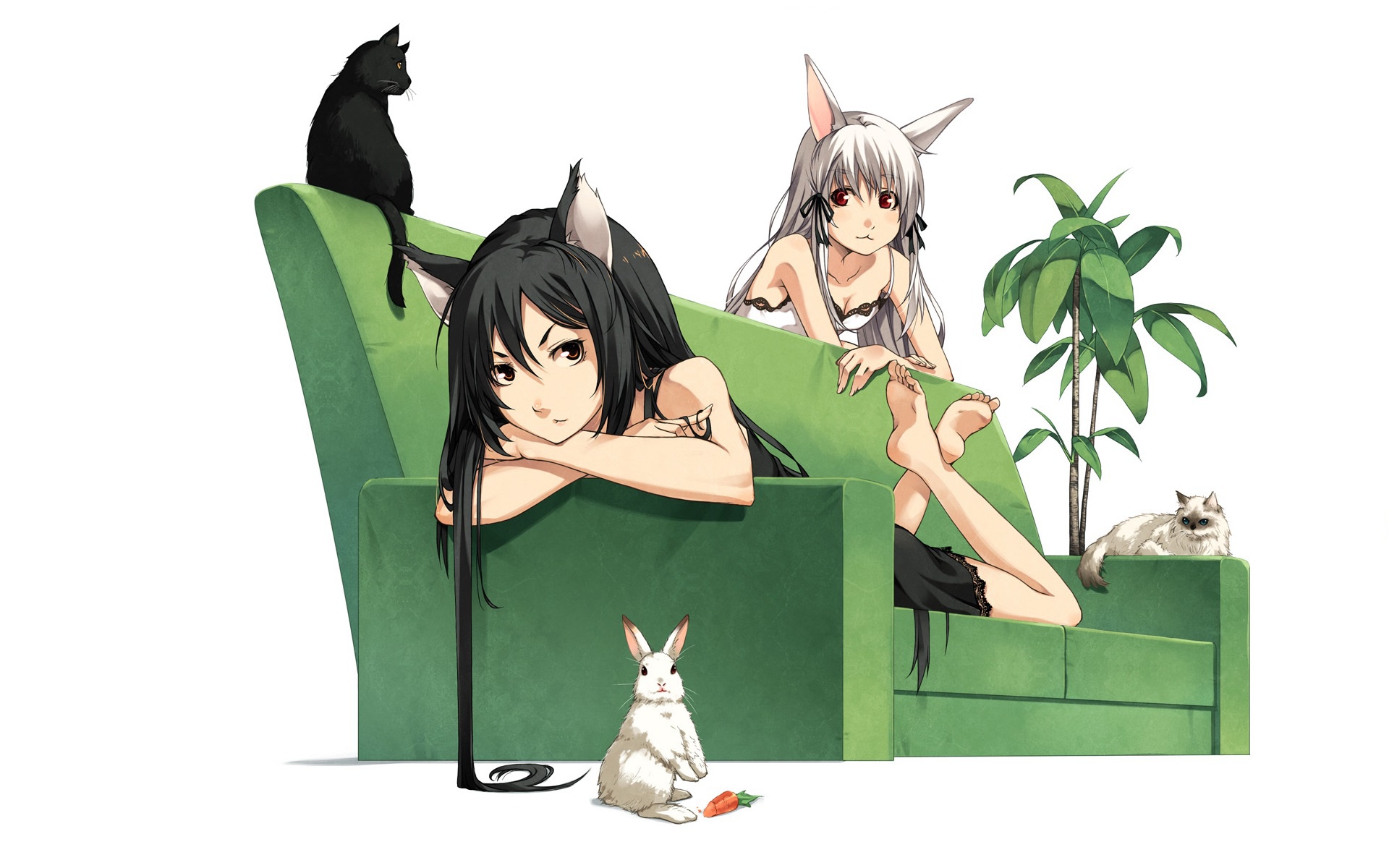 Download mobile wallpaper Anime, Cat, Rabbit, Original, Red Eyes, Black Hair, White Hair, Cat Girl, Animal Ears for free.