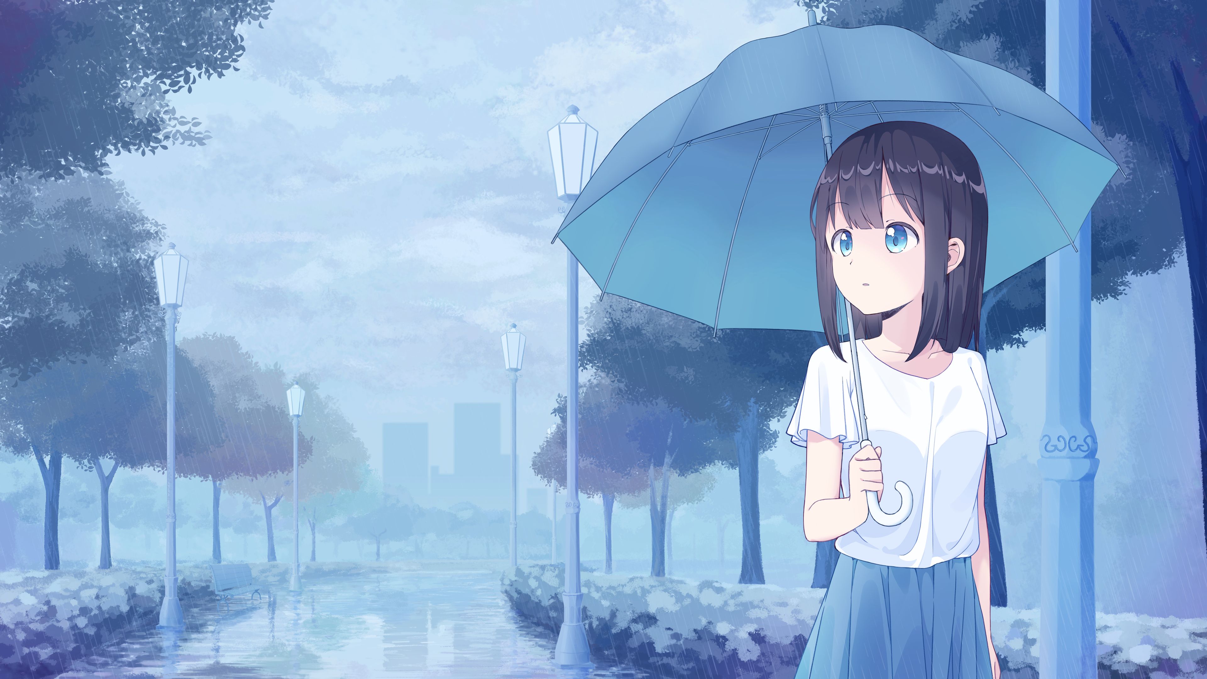 Laden Sie das Regenschirm, Blaue Augen, Original, Animes, Schwarzes Haar-Bild kostenlos auf Ihren PC-Desktop herunter