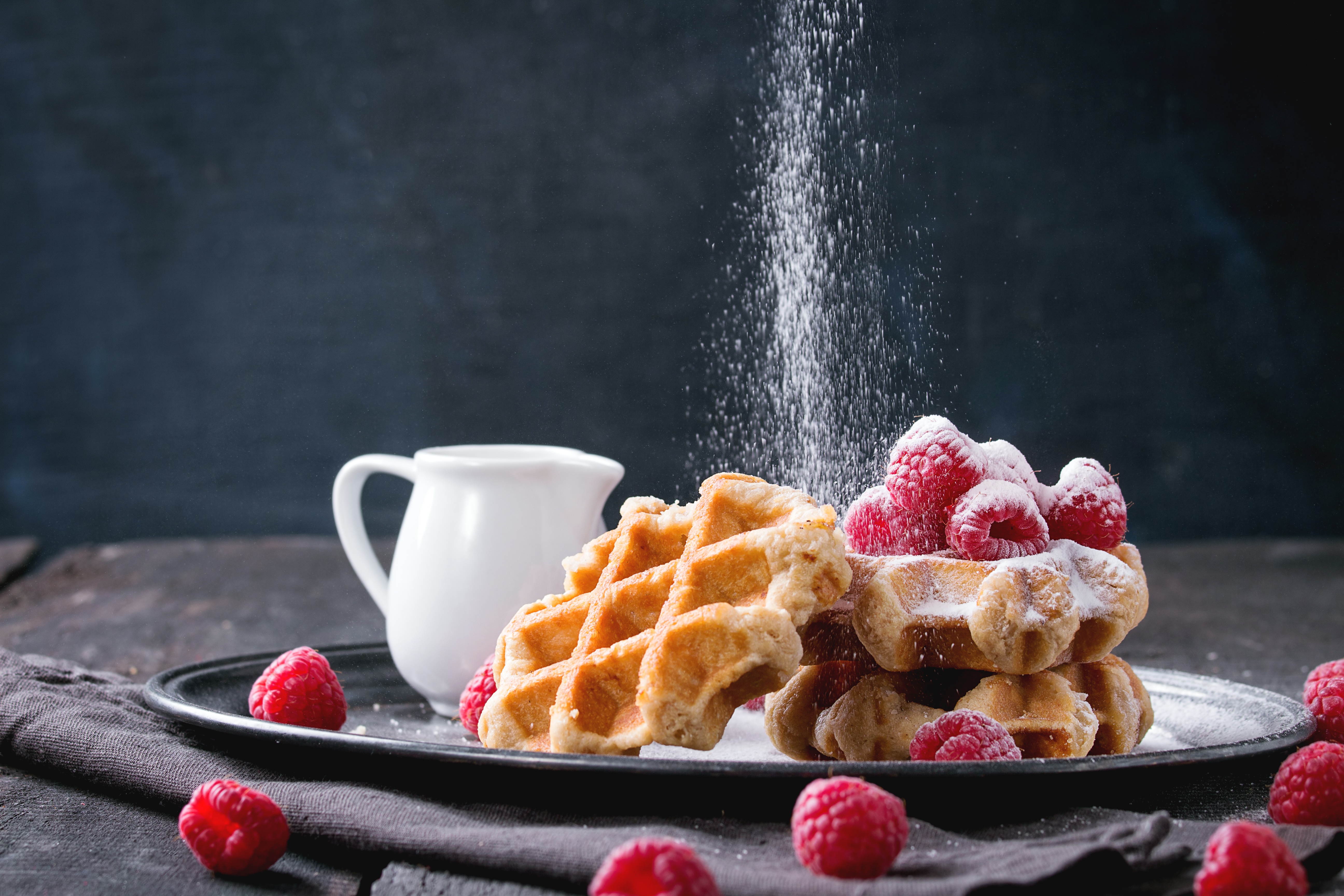 Download mobile wallpaper Food, Raspberry, Still Life, Berry, Fruit, Waffle, Breakfast for free.