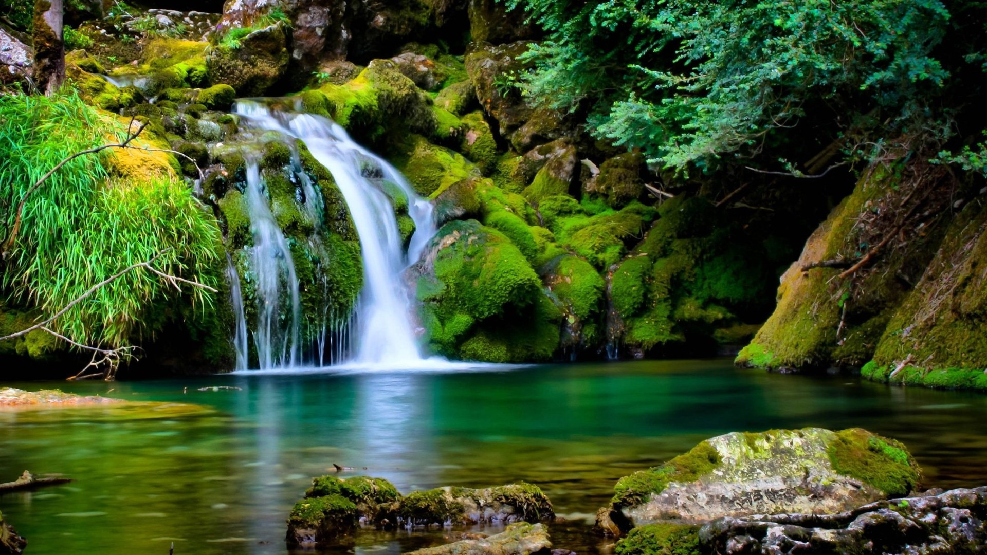 Free download wallpaper Nature, Water, Waterfall, Vegetation, Earth, Moss on your PC desktop