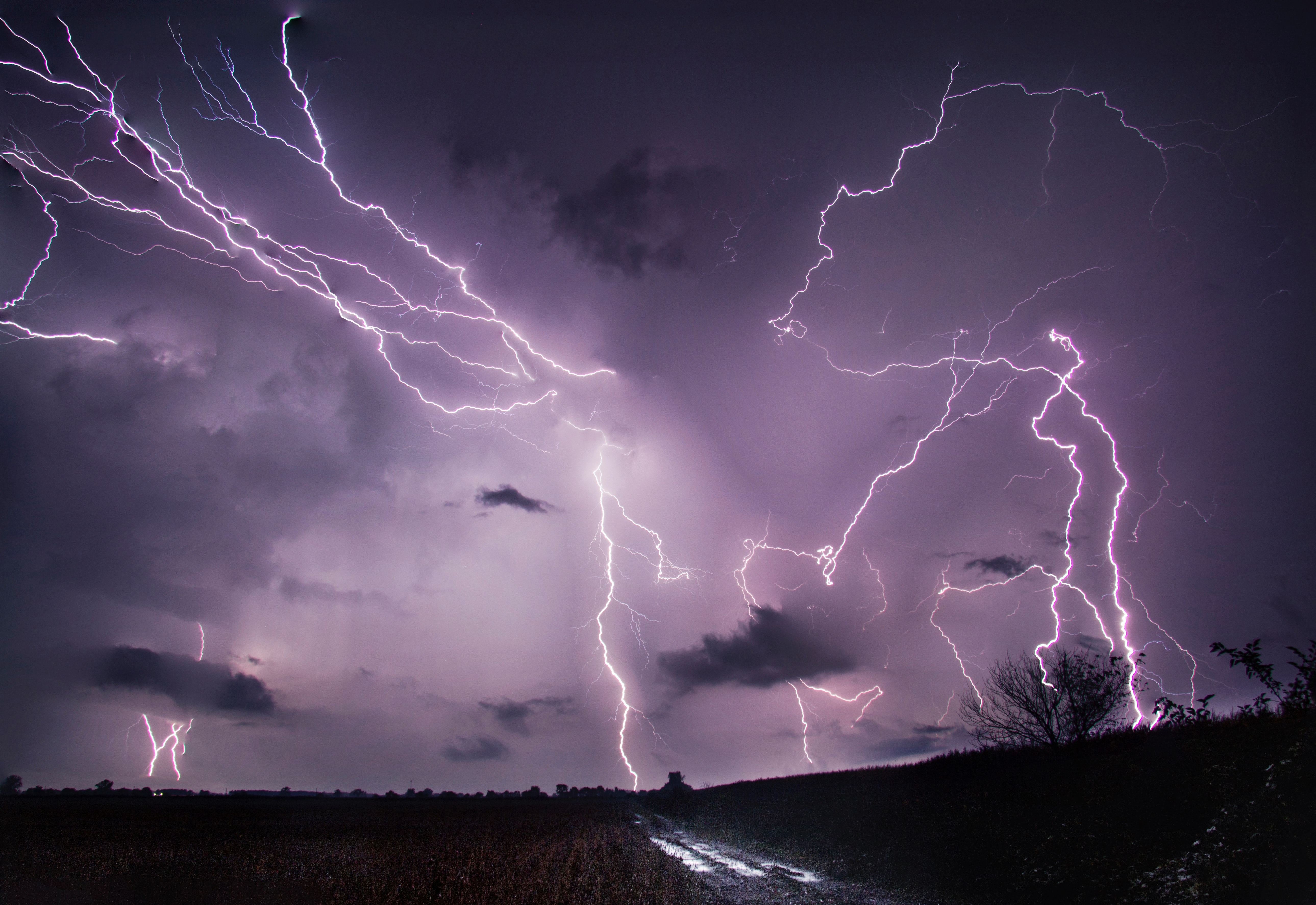 thunderstorm, storm, nature, lightning, road, field 32K