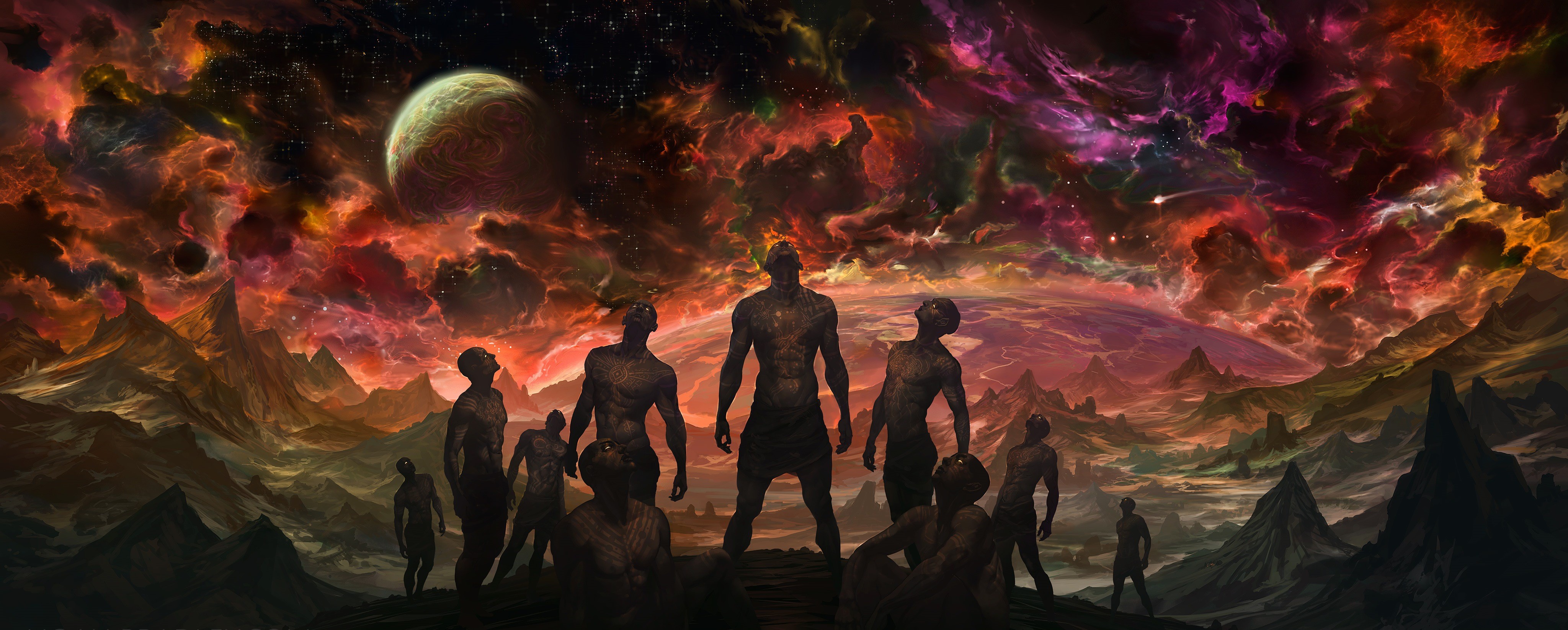 Free download wallpaper Landscape, Men, Nebula, Tattoo, Planet, Sci Fi on your PC desktop