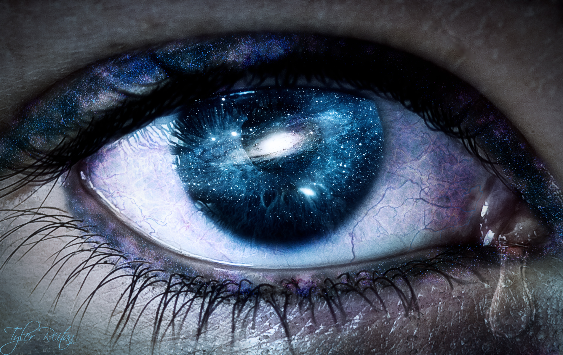 Download mobile wallpaper Close Up, Galaxy, Eye, Women, Blue Eyes, Tears for free.