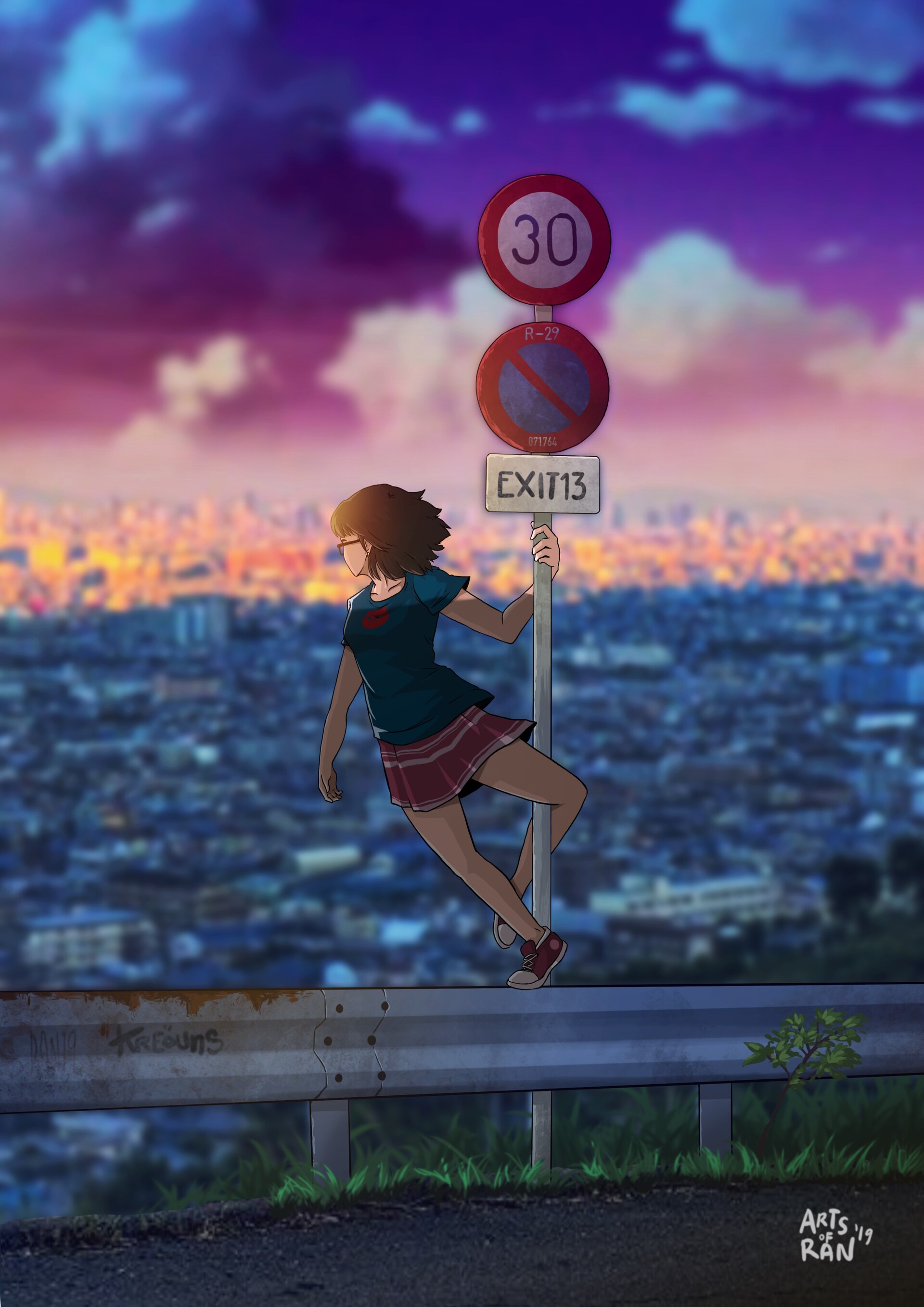 art, girl, city, road sign, traffic sign