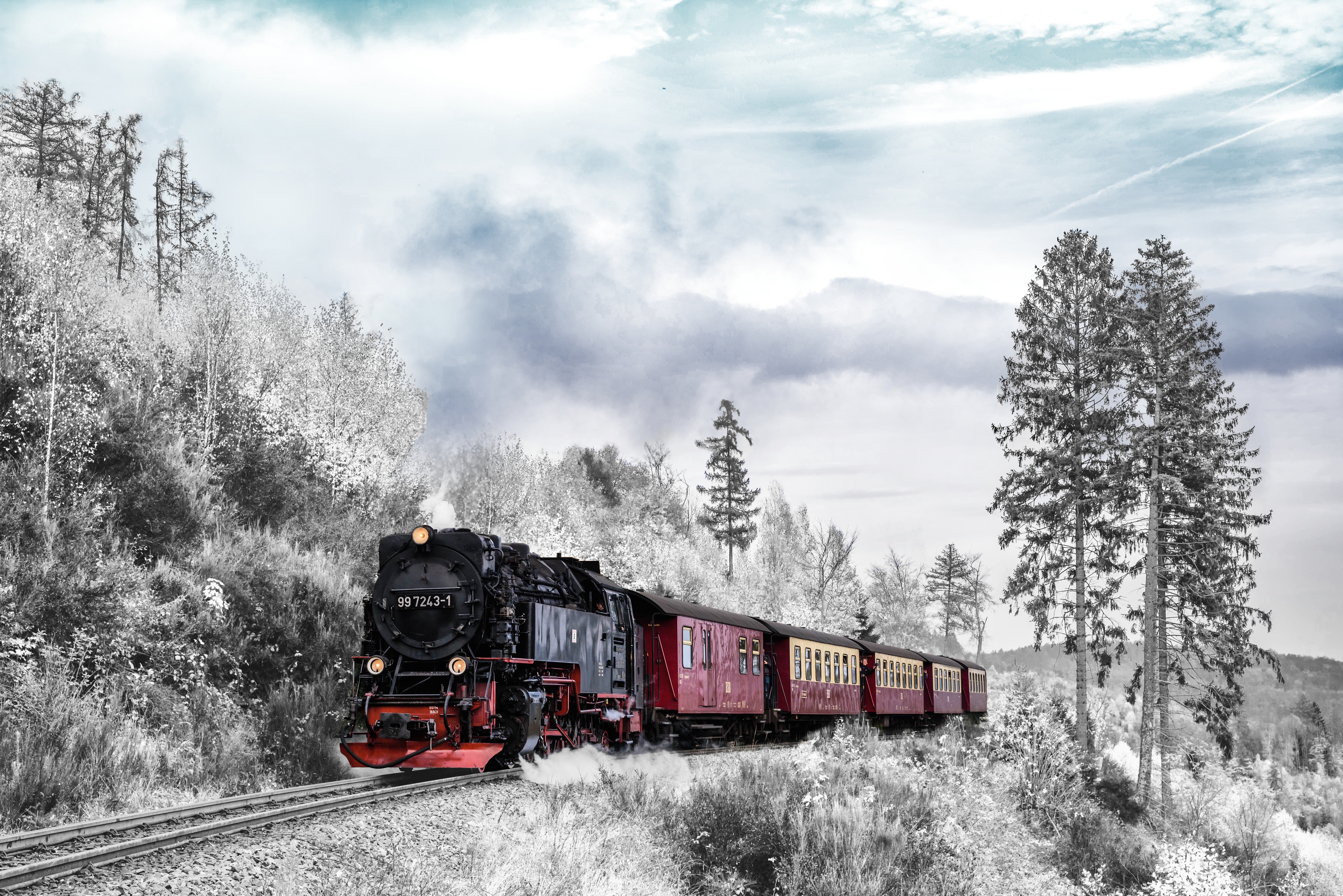 forest, train, winter, snow, miscellanea, miscellaneous, railway
