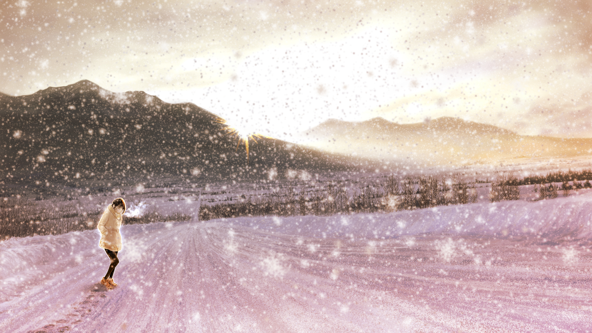 Скачать картинку Аниме, Зима, Солнце, Снег, Гора, Оригинал в телефон бесплатно.