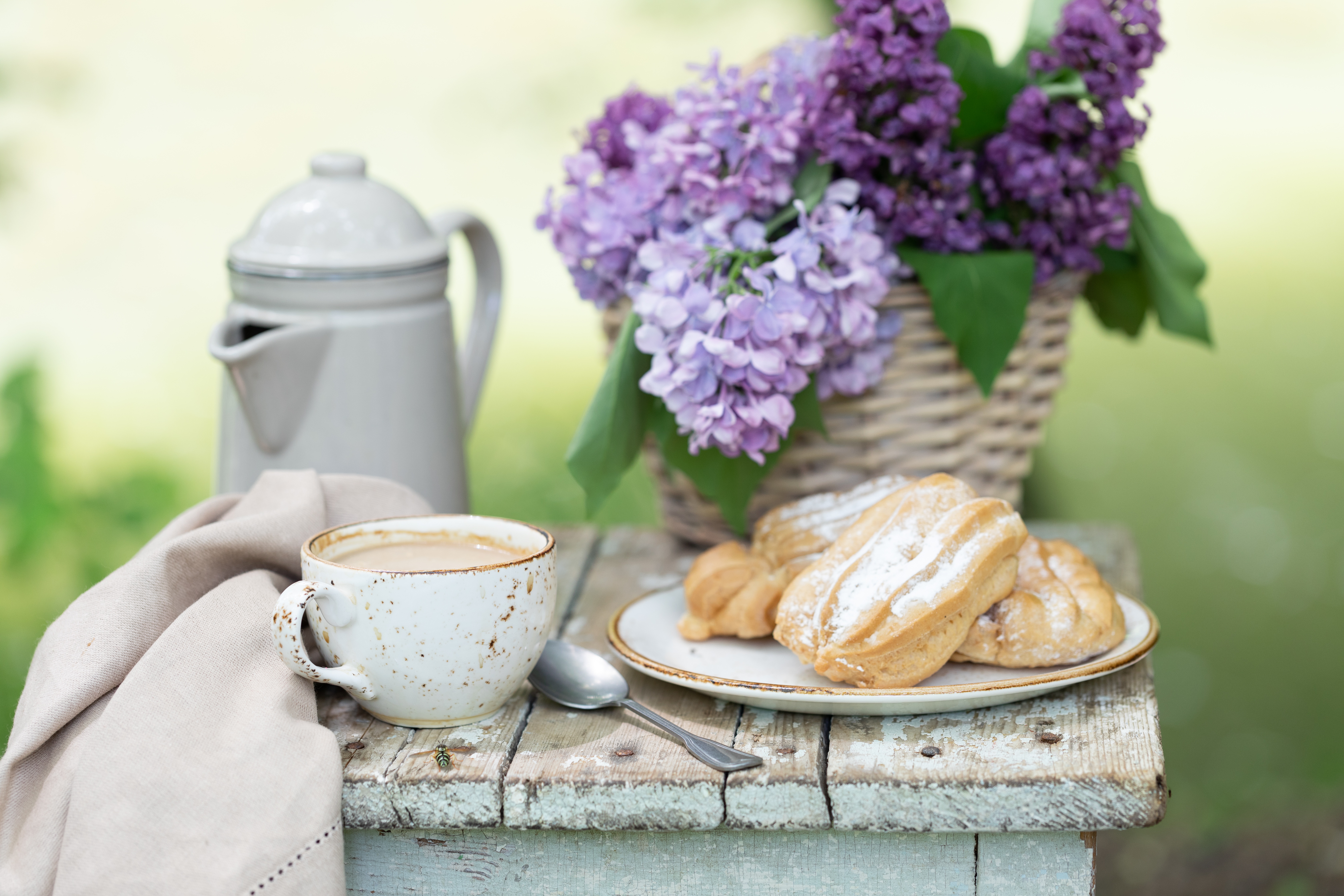 Download mobile wallpaper Food, Coffee, Still Life, Flower, Cup, Drink, Viennoiserie for free.