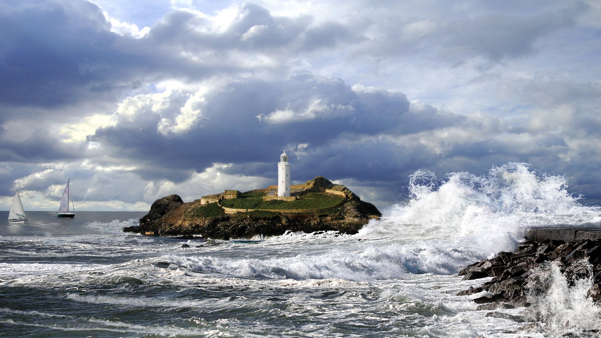 PCデスクトップに波, ボート, 灯台, 海洋, 嵐, 小島, マンメイド, クラウド画像を無料でダウンロード