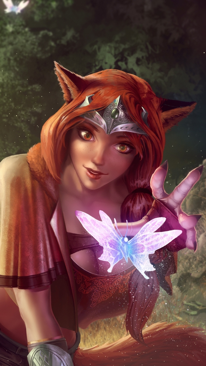 Download mobile wallpaper Fantasy, Butterfly, Women, Orange Hair, Animal Ears, Orange Eyes for free.