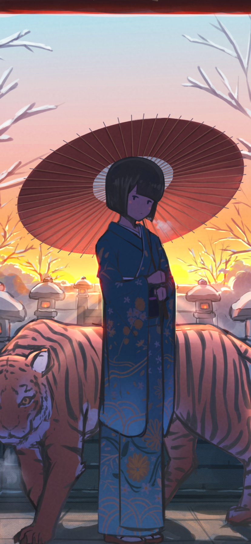 Download mobile wallpaper Anime, Girl, Tiger, Kimono for free.