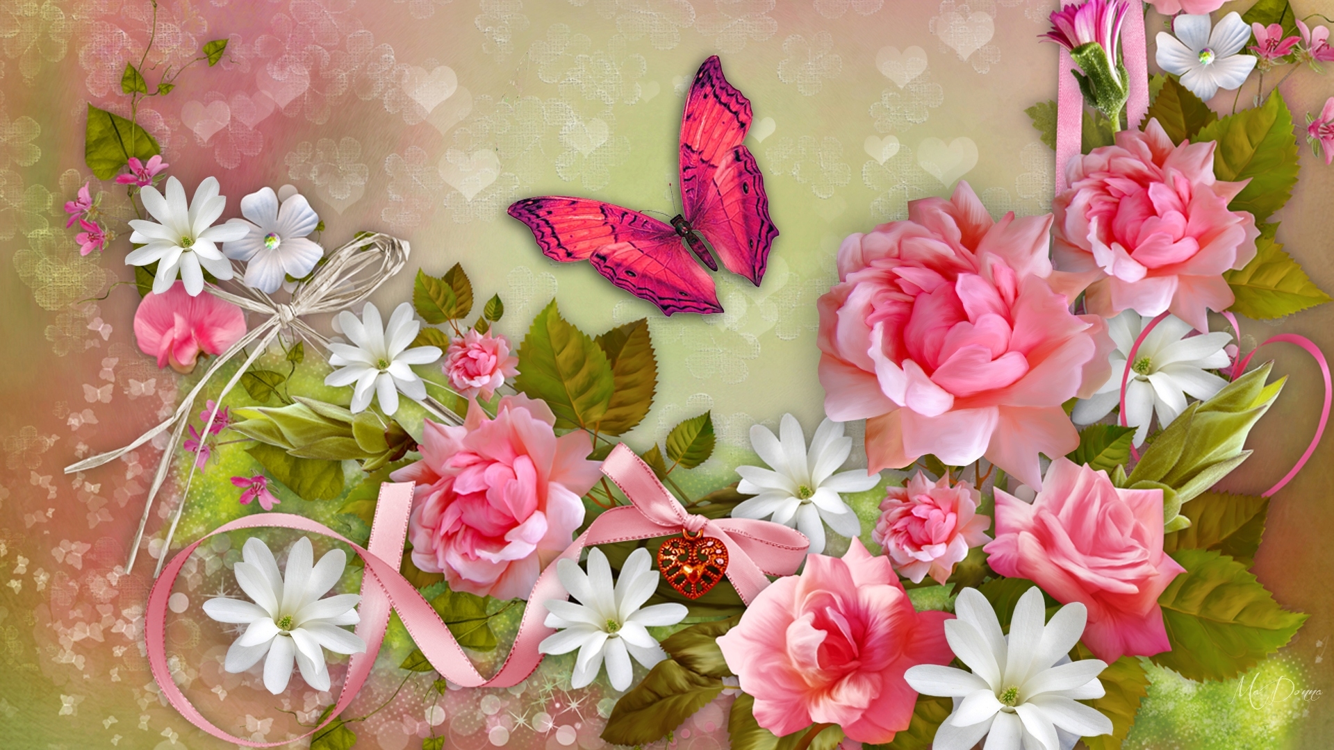 Laden Sie das Blume, Schmetterling, Weiße Blume, Künstlerisch, Pinke Blume-Bild kostenlos auf Ihren PC-Desktop herunter