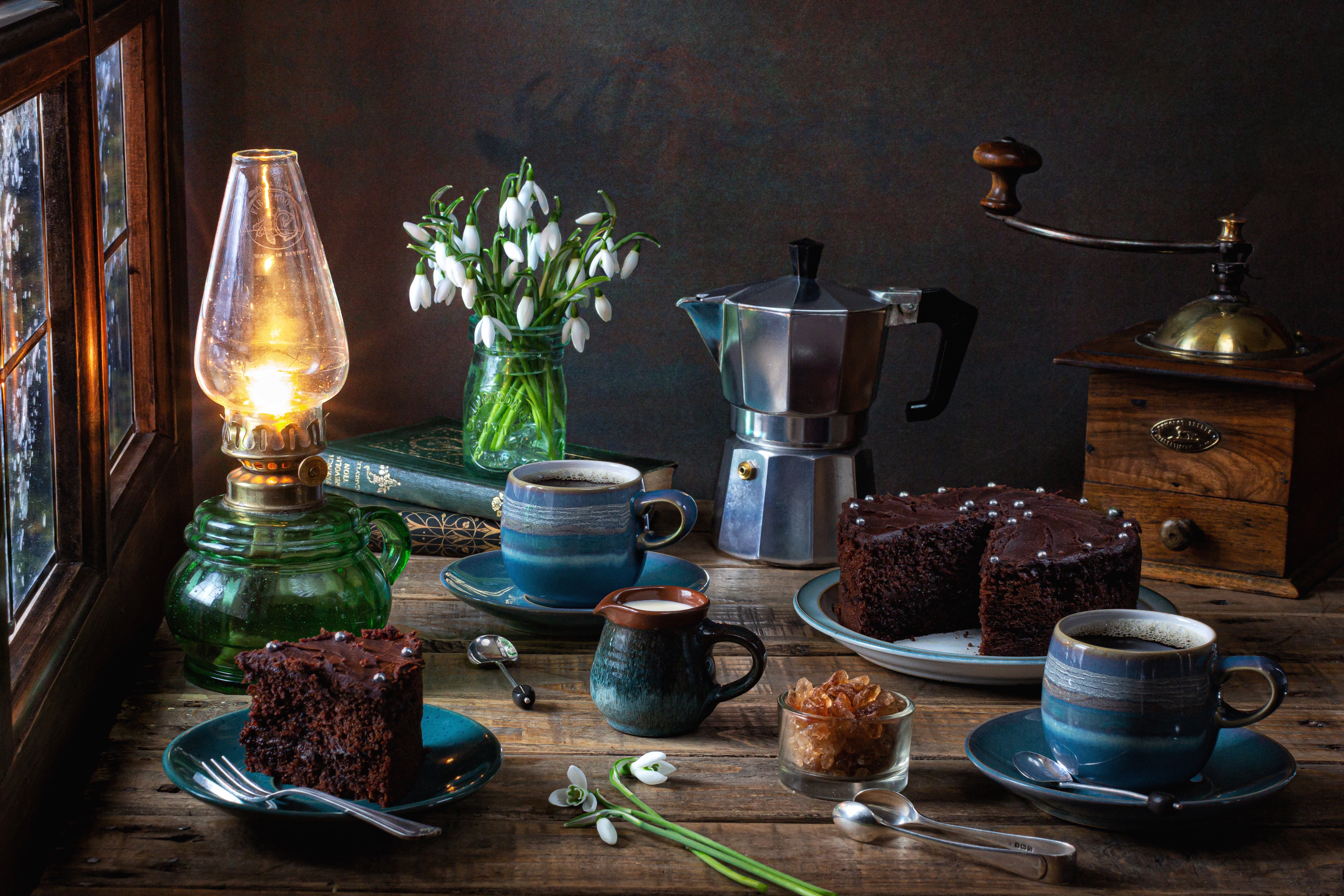 Download mobile wallpaper Coffee, Still Life, Flower, Cake, Lamp, Window, Vase, Book, Photography for free.