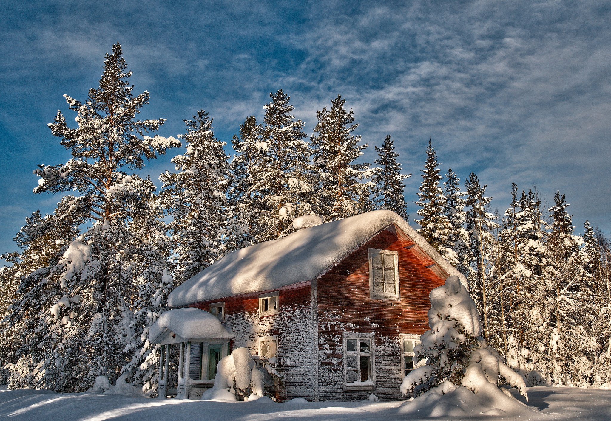 winter, photography, earth, house, man made, pine, snow, tree