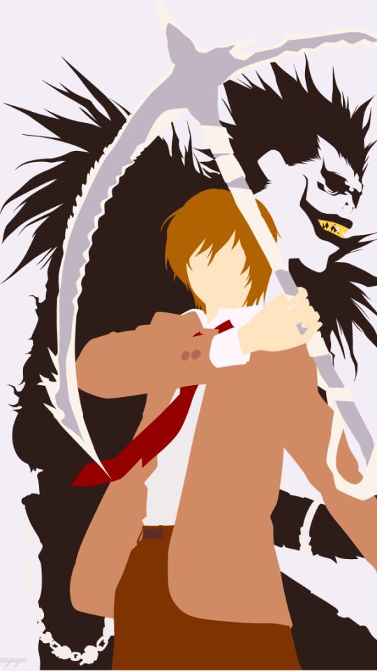 Download mobile wallpaper Anime, Death Note, Weapon, Tie, Scythe, Black Hair, Brown Hair, Minimalist, Light Yagami, Ryuk (Death Note) for free.