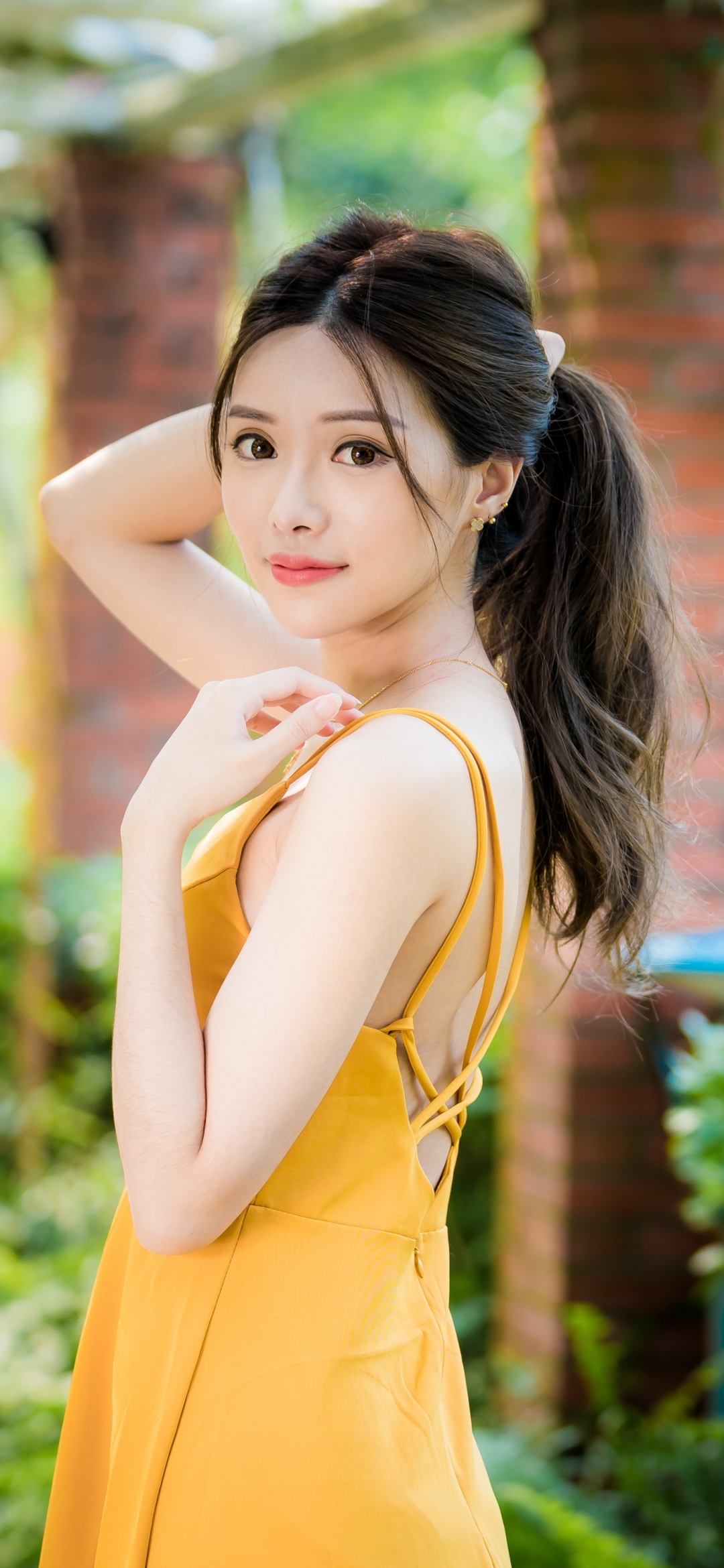 Download mobile wallpaper Model, Women, Yellow Dress, Asian, Black Hair, Long Hair for free.