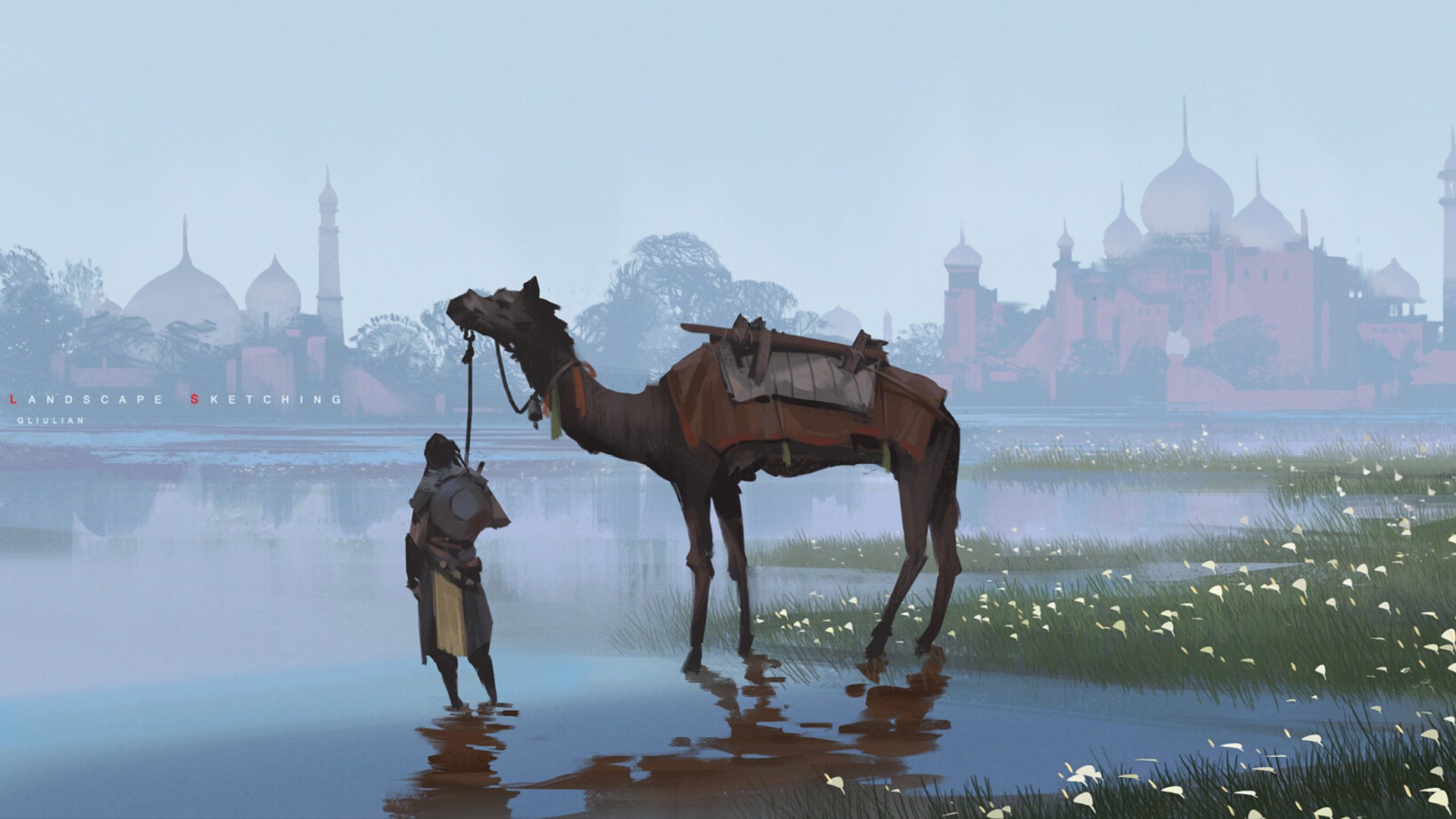 Free download wallpaper Fantasy, Lake, Warrior, Camel on your PC desktop