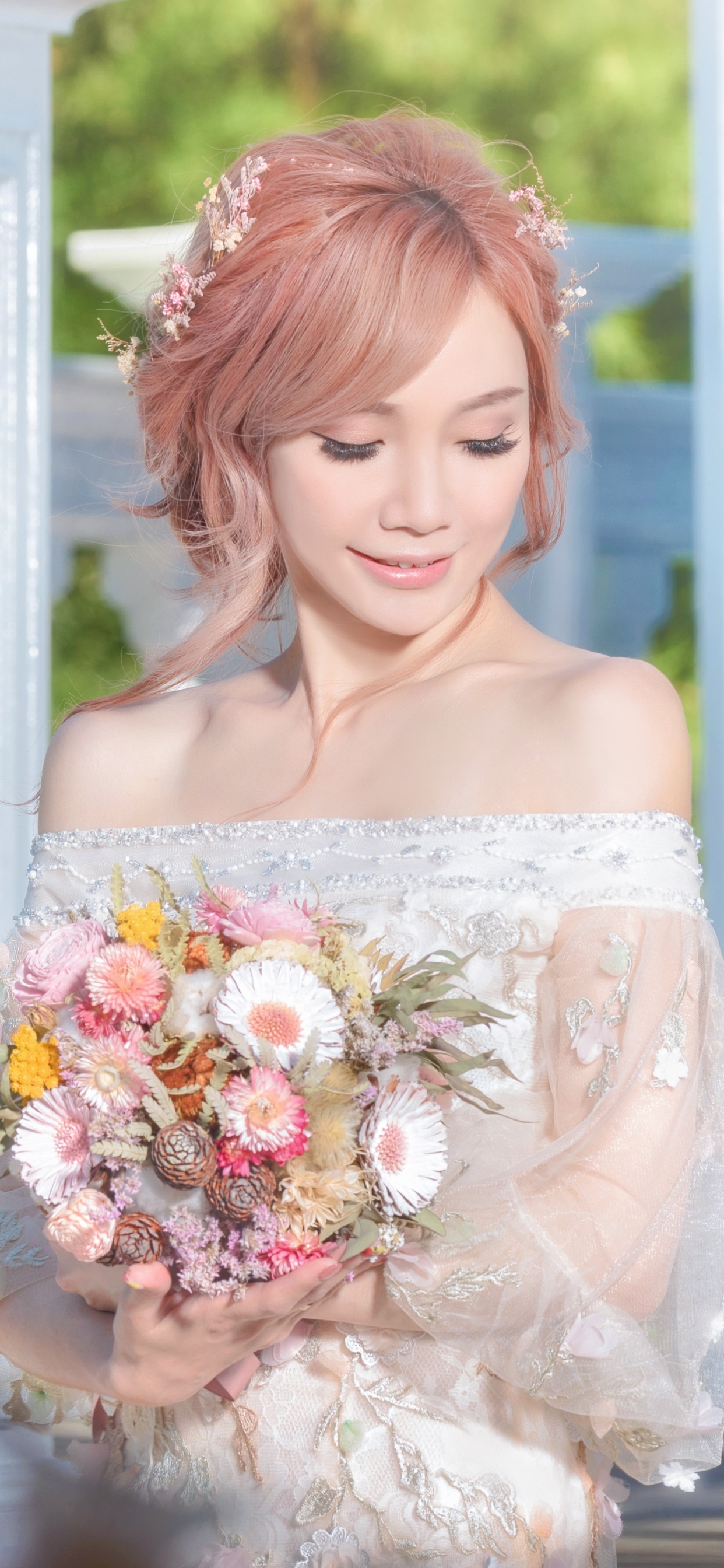 Download mobile wallpaper Bouquet, Mood, Bride, Model, Women, Pink Hair, Asian, Wedding Dress for free.