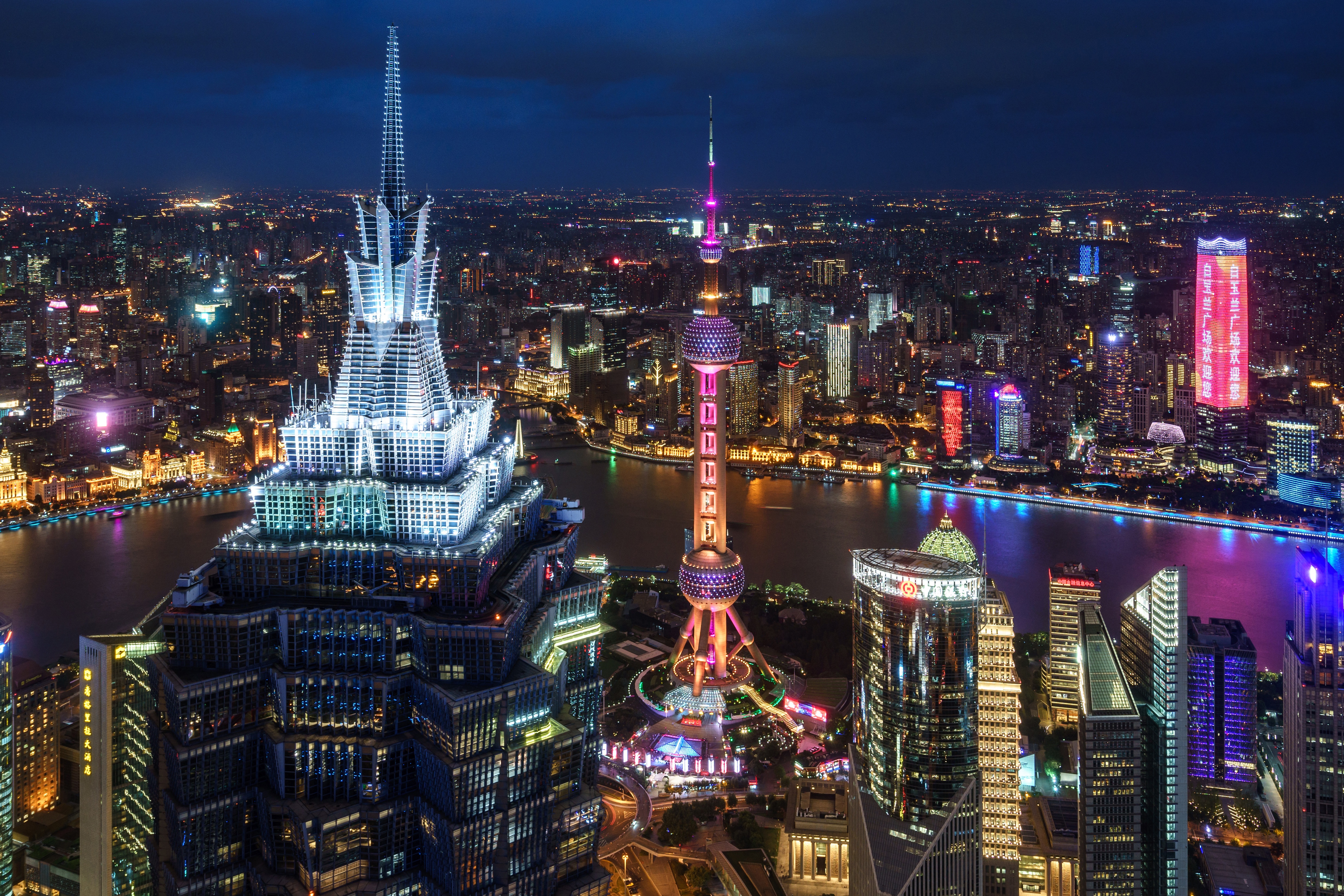 shanghai, china, night, man made, building, city, oriental pearl tower, skyscraper, yangtze river, cities