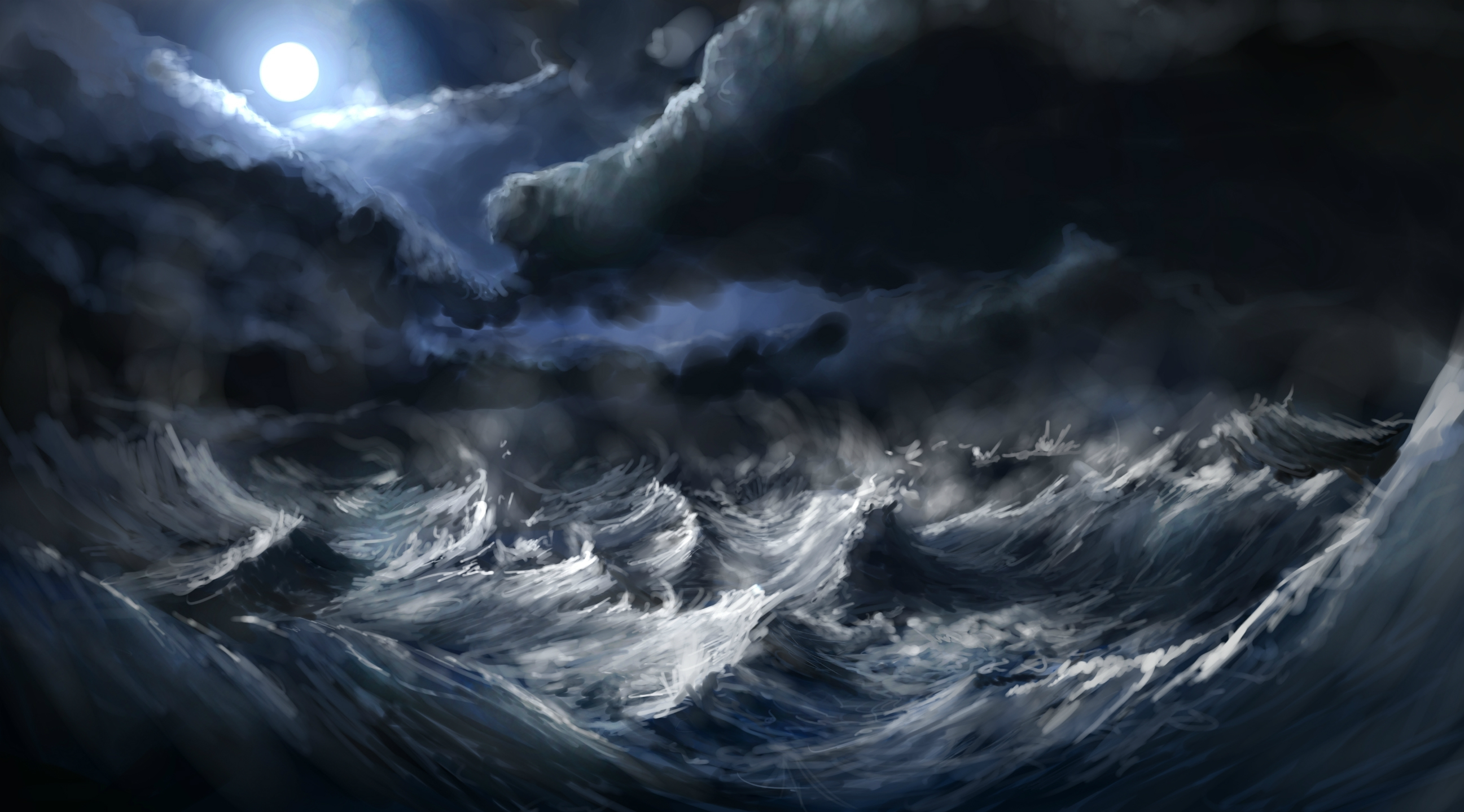 Download mobile wallpaper Painting, Wave, Sea, Ocean, Moon, Artistic for free.