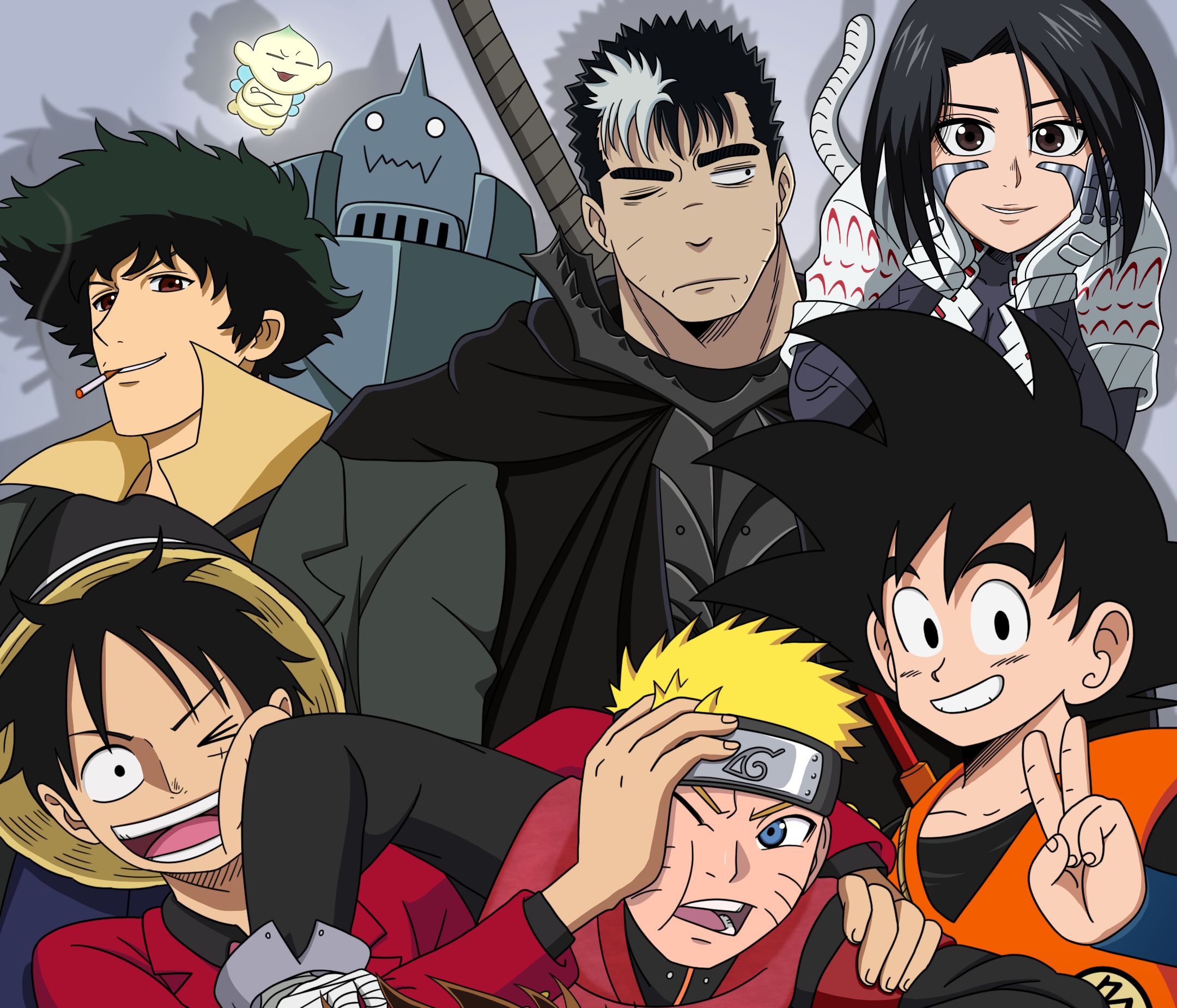 Laden Sie das Naruto, Crossover, Ein Stück, Dragon Ball, Animes, Son Goku, Naruto Uzumaki, Affe D Luffy-Bild kostenlos auf Ihren PC-Desktop herunter