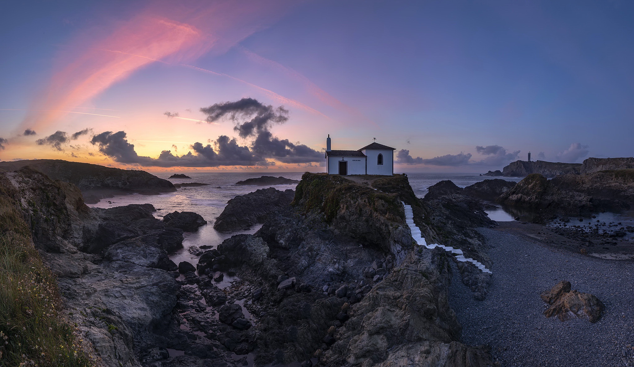 Free download wallpaper Sunset, Sea, Coast, Chapel, Religious on your PC desktop