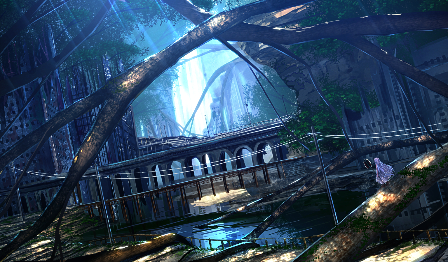 Free download wallpaper Anime, Landscape, Water, City, Tree, Original on your PC desktop