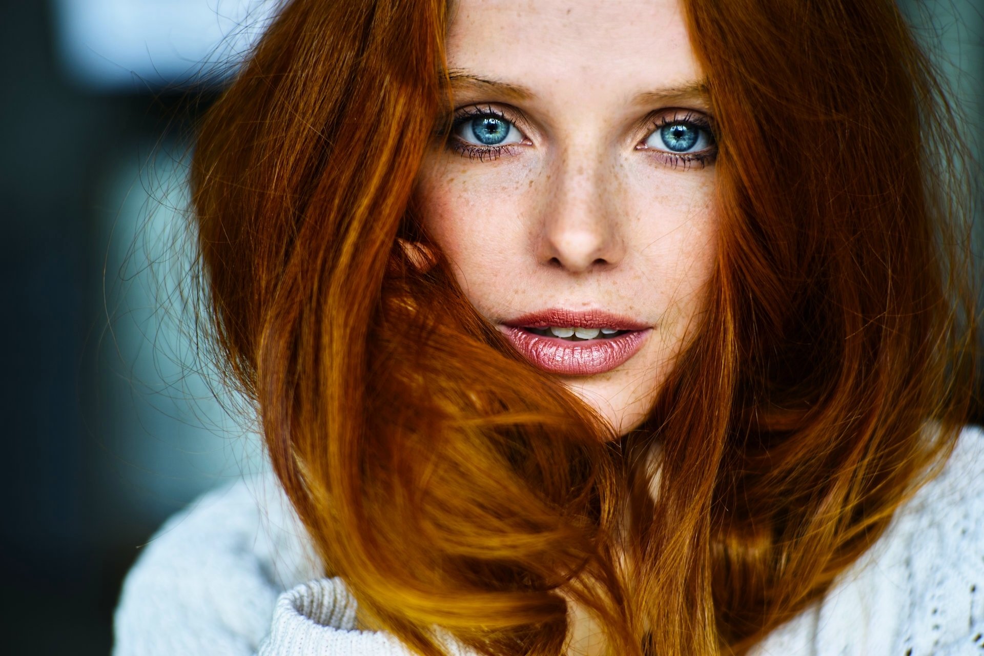 Download mobile wallpaper Redhead, Portrait, Face, Women, Blue Eyes, Freckles for free.
