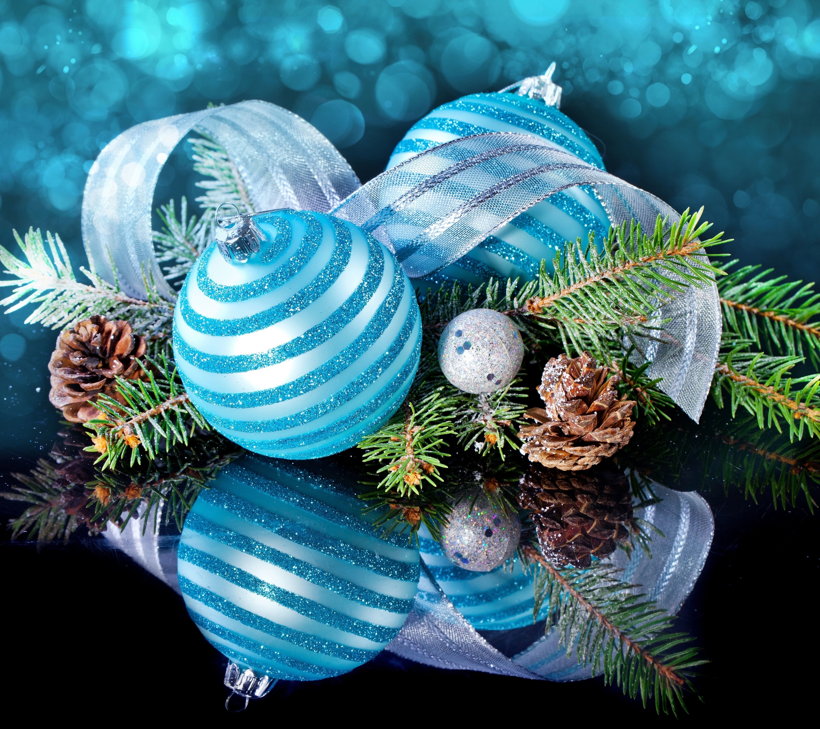 Download mobile wallpaper Reflection, Christmas, Holiday, Ribbon, Christmas Ornaments, Pine Cone for free.