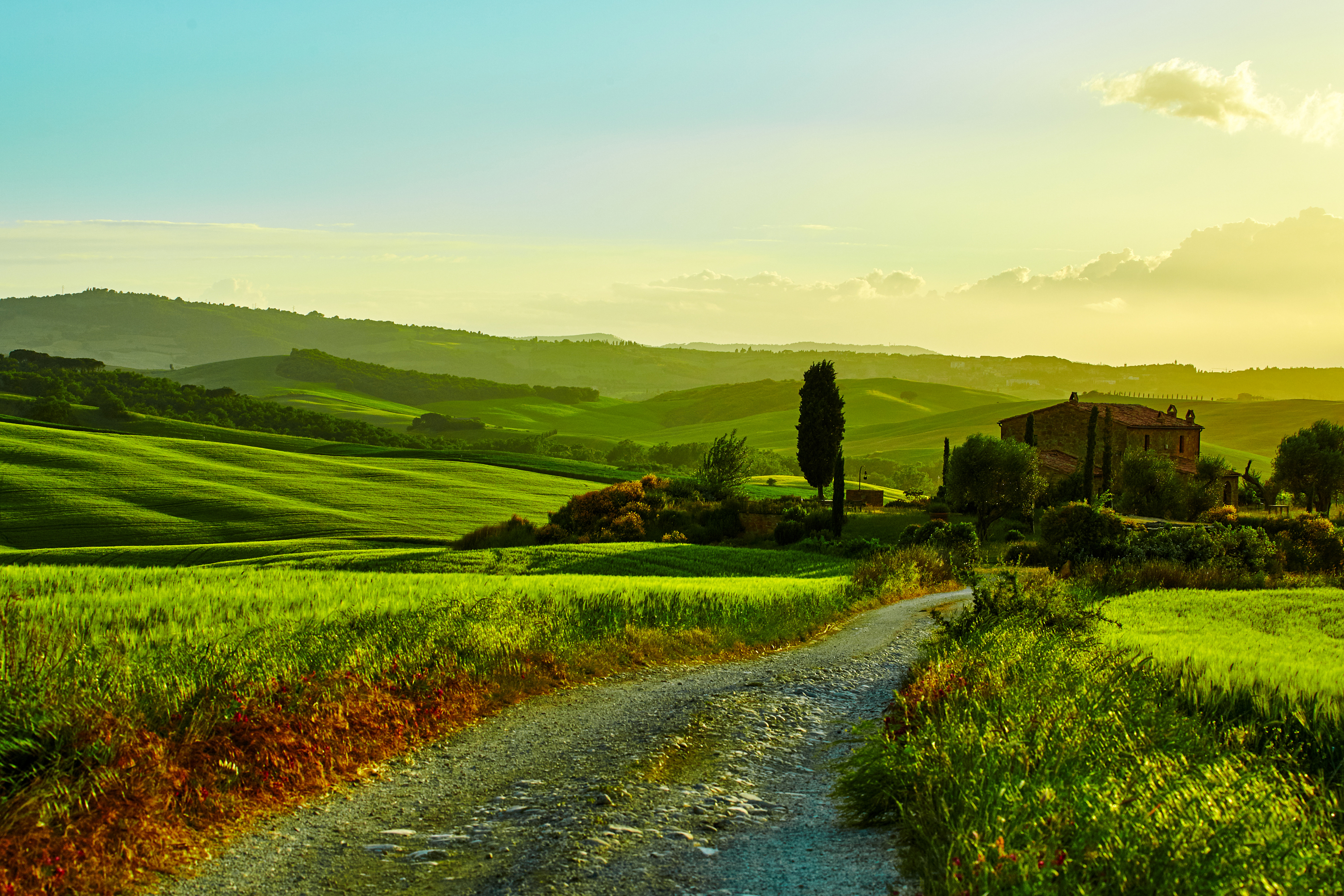 758044 скачать картинку тоскана, италия, фотографии, зеленый, холм, ландшафт, природа, дорога, живопись - обои и заставки бесплатно