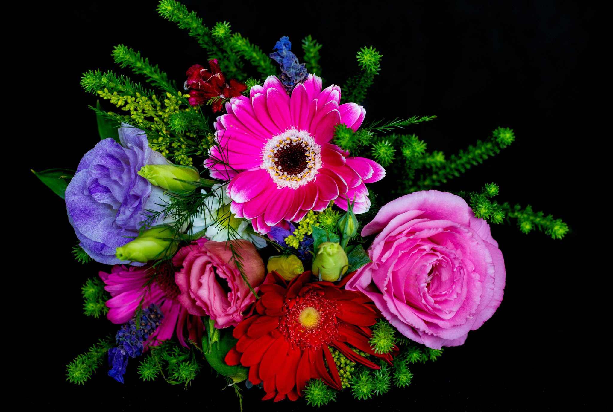 Завантажити шпалери безкоштовно Квітка, Роза, Букет, Барвистий, Гербера, Кольори, Фіолетова Квітка, Створено Людиною, Рожева Квітка картинка на робочий стіл ПК