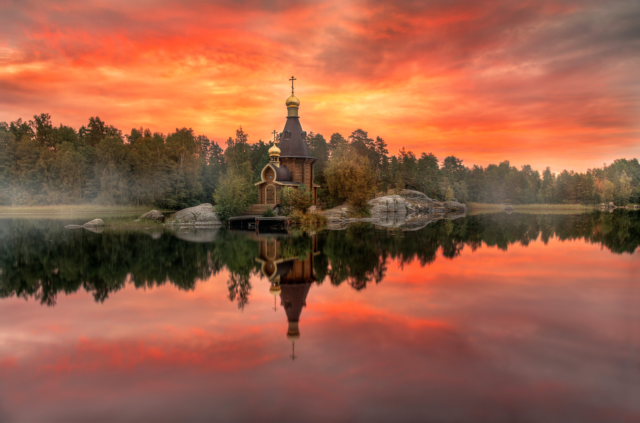 Free download wallpaper Sunset, Sky, Lake, Reflection, Temple, Temples, Religious on your PC desktop