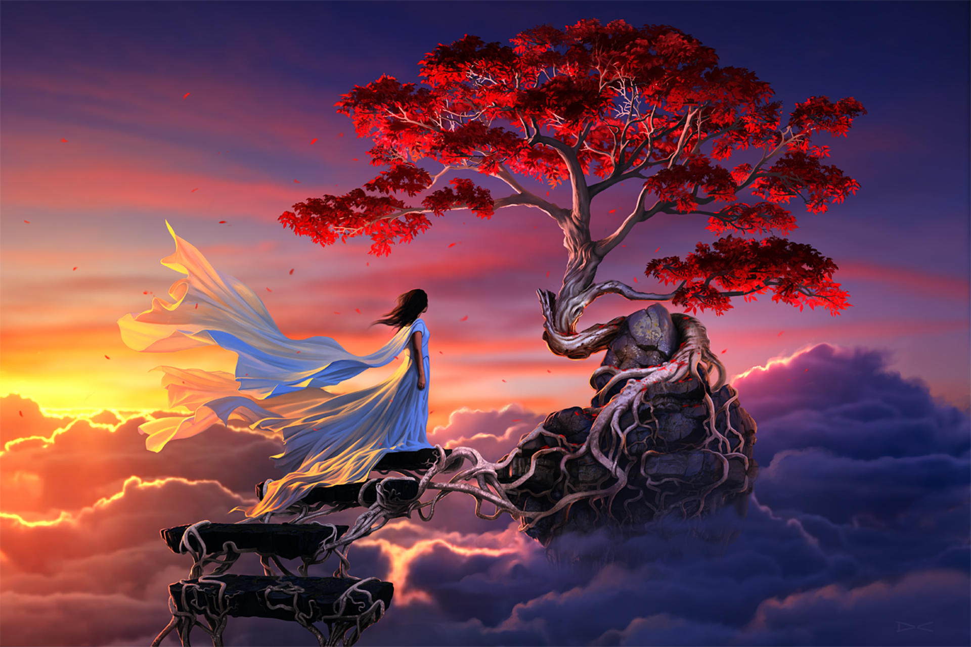 Free download wallpaper Anime, Sunset, Tree, Girl on your PC desktop