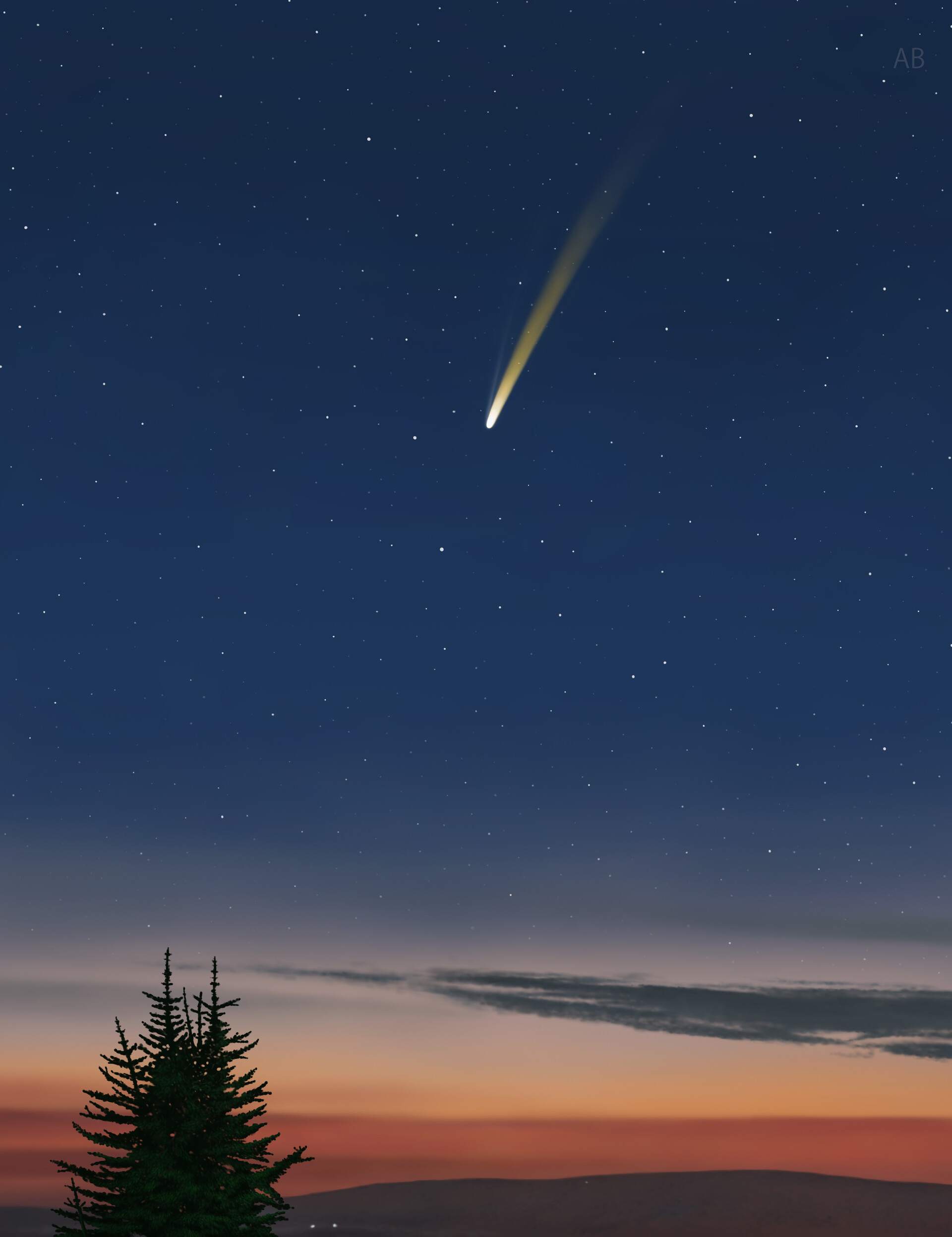 96549 скачать обои комета, арт, закат, звезды, звездное небо, ель - заставки и картинки бесплатно