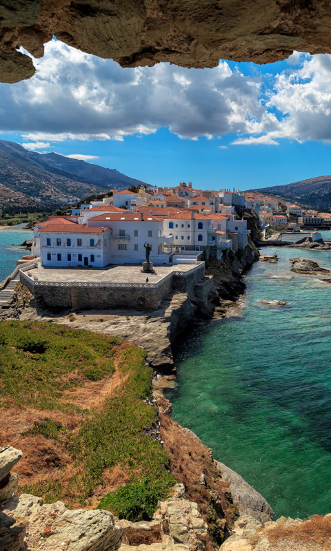 Handy-Wallpaper Ozean, Haus, Dorf, Insel, Griechenland, Meer, Menschengemacht kostenlos herunterladen.