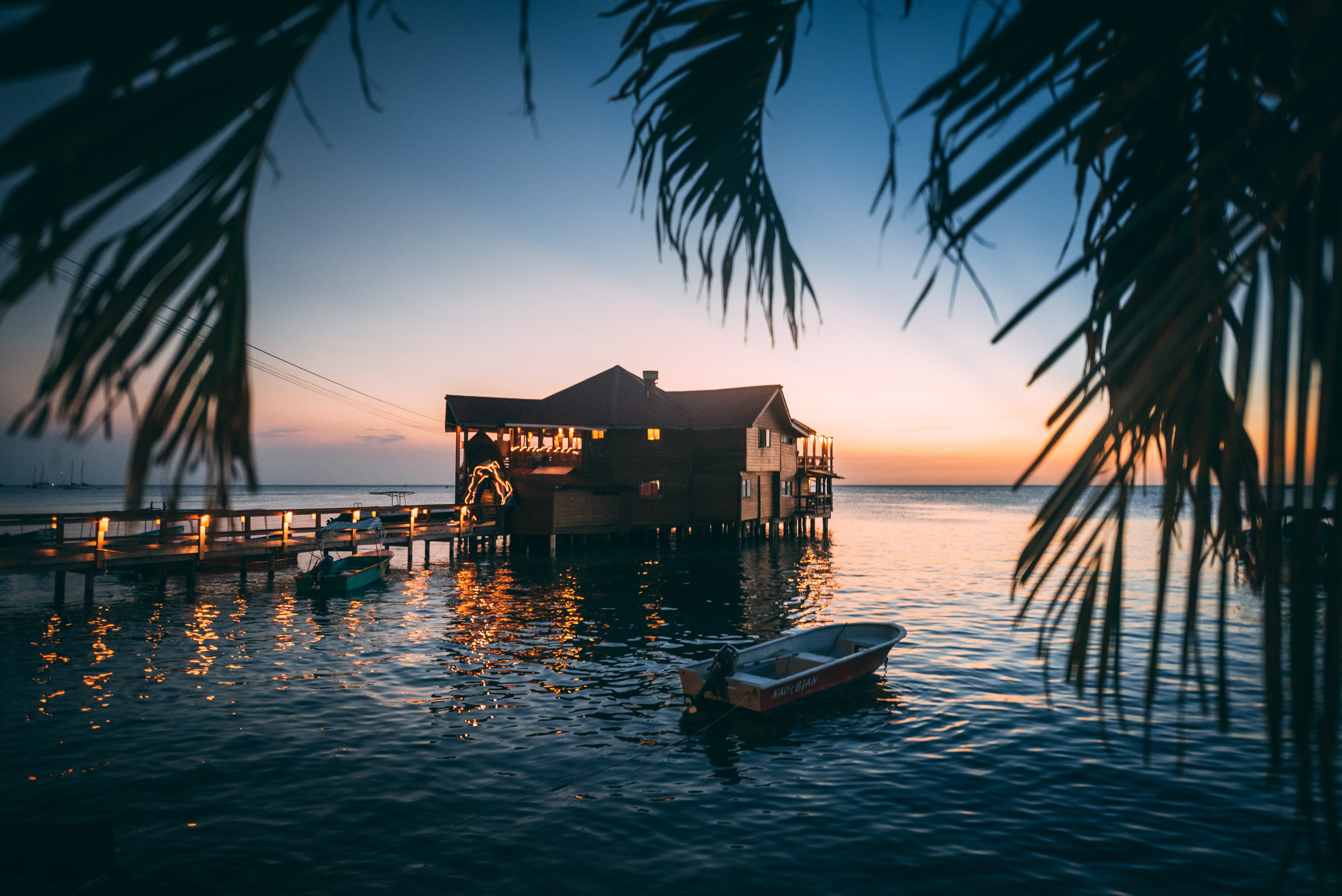 small house, sunset, nature, water, sea, branch, lodge Full HD
