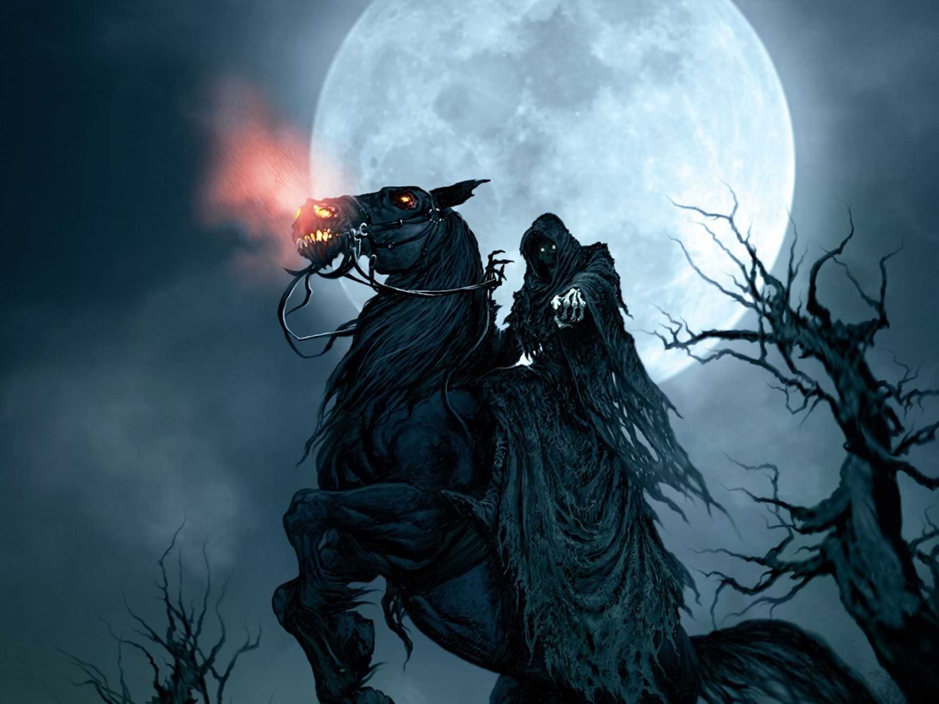 168744 скачать картинку фантастика, луна, тьма, лошадь, смерть с косой - обои и заставки бесплатно