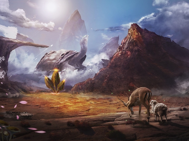Free download wallpaper Landscape, Fantasy, Deer, Artistic, Sheep, Desktopography, Turtoise on your PC desktop