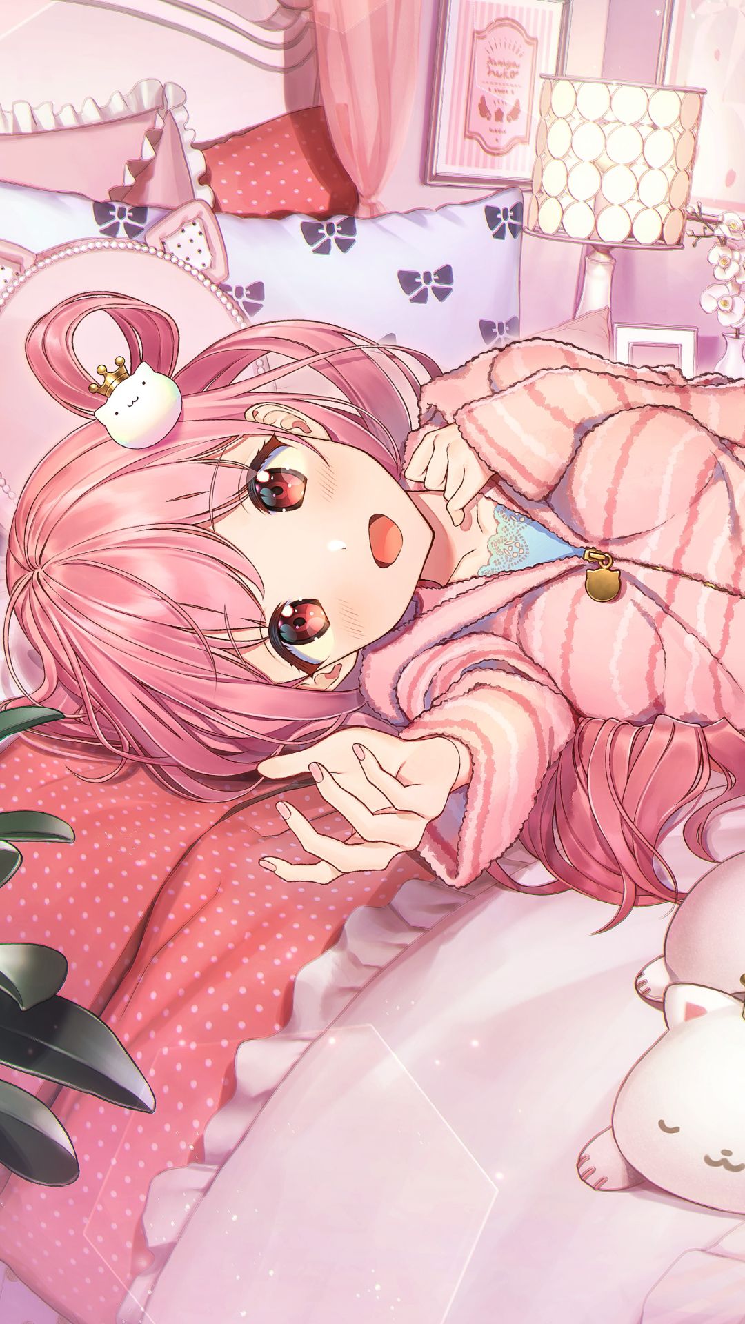 Handy-Wallpaper Mädchen, Katze, Hinlegen, Pinkes Haar, Animes kostenlos herunterladen.