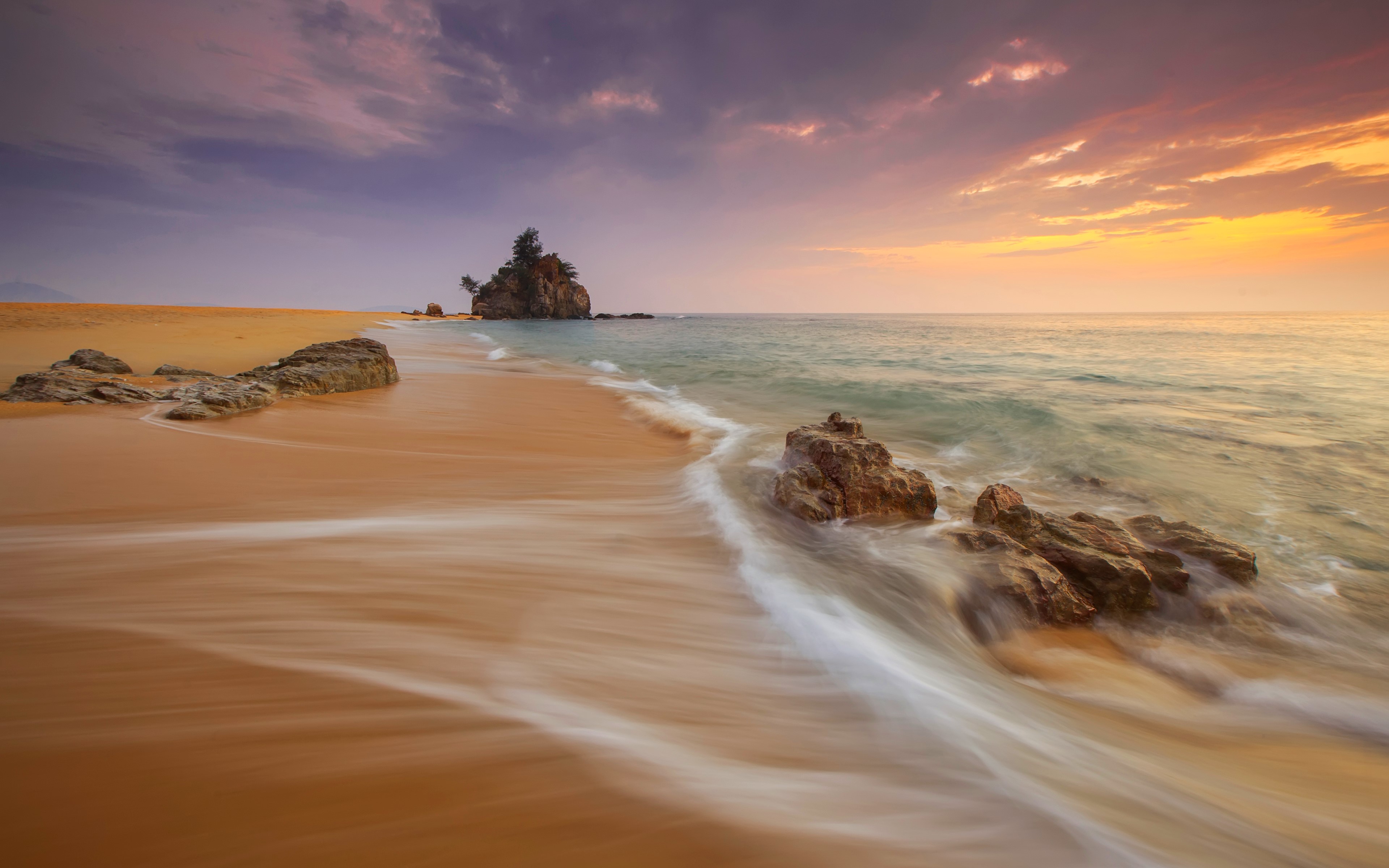 Download mobile wallpaper Sunset, Sea, Sand, Horizon, Tree, Ocean, Earth for free.