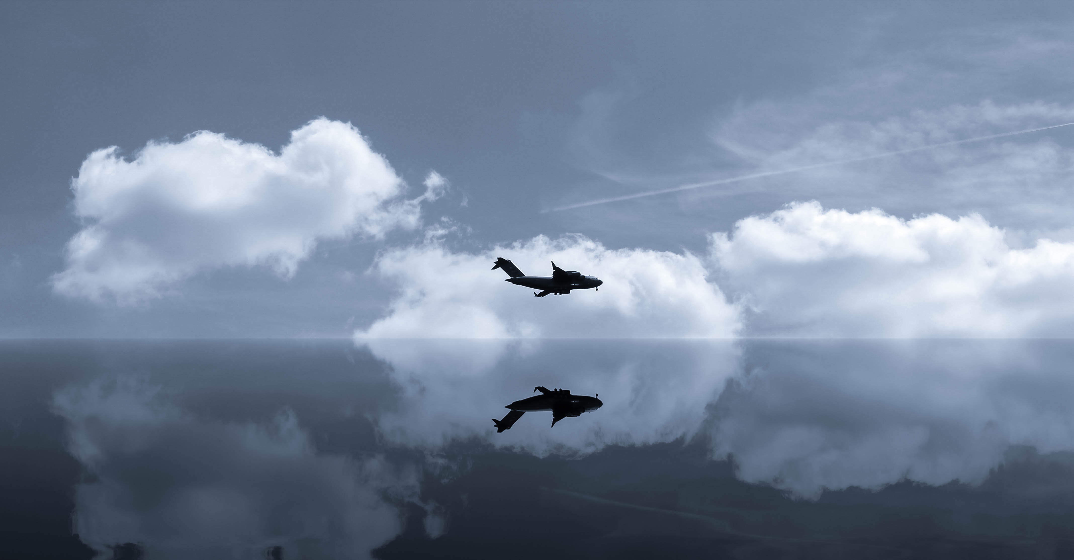 plane, sky, clouds, reflection, miscellanea, miscellaneous, flight, airplane, mirror, mirrored