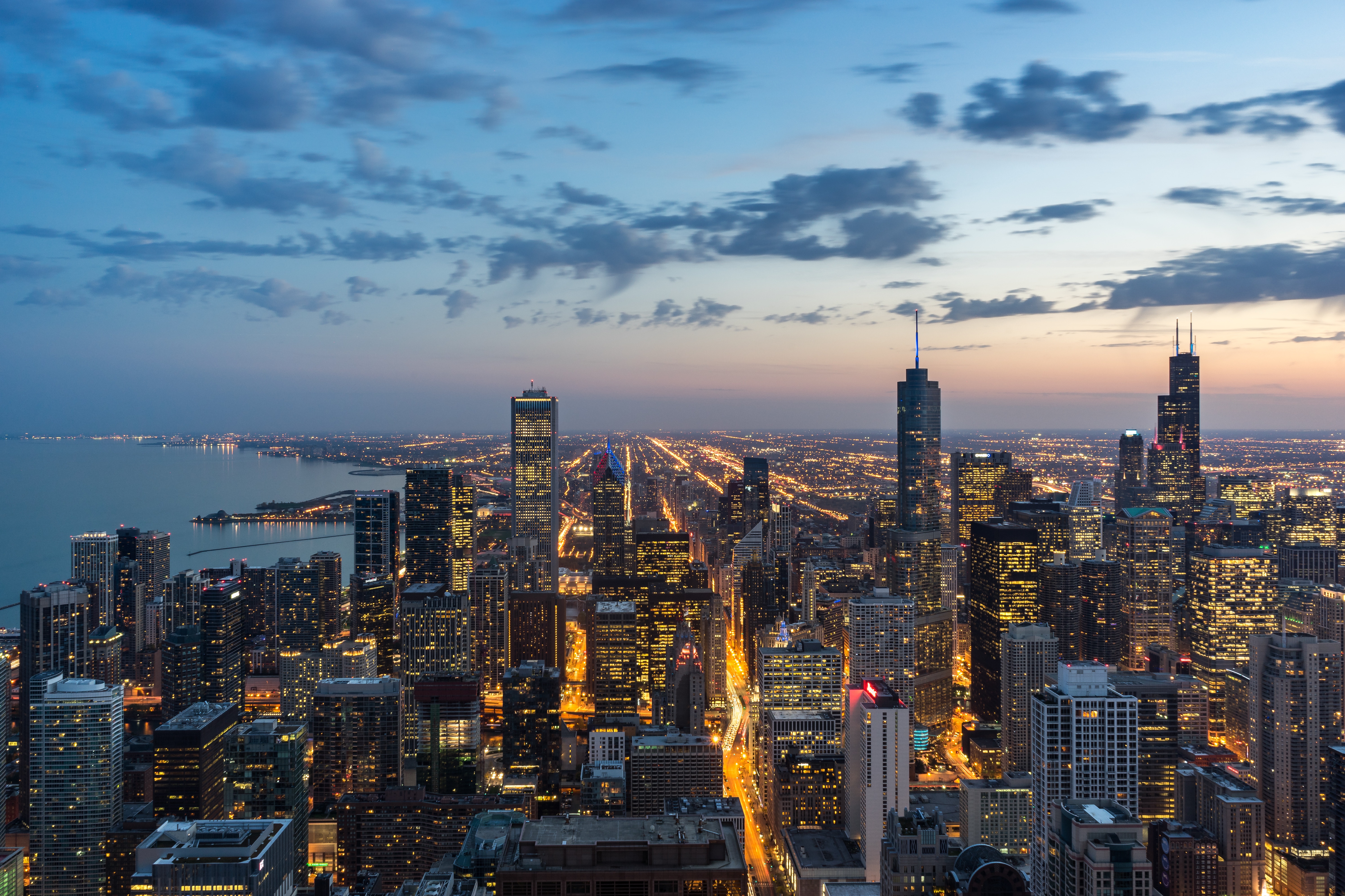 chicago, cities, night, usa, view from above, skyscrapers, united states