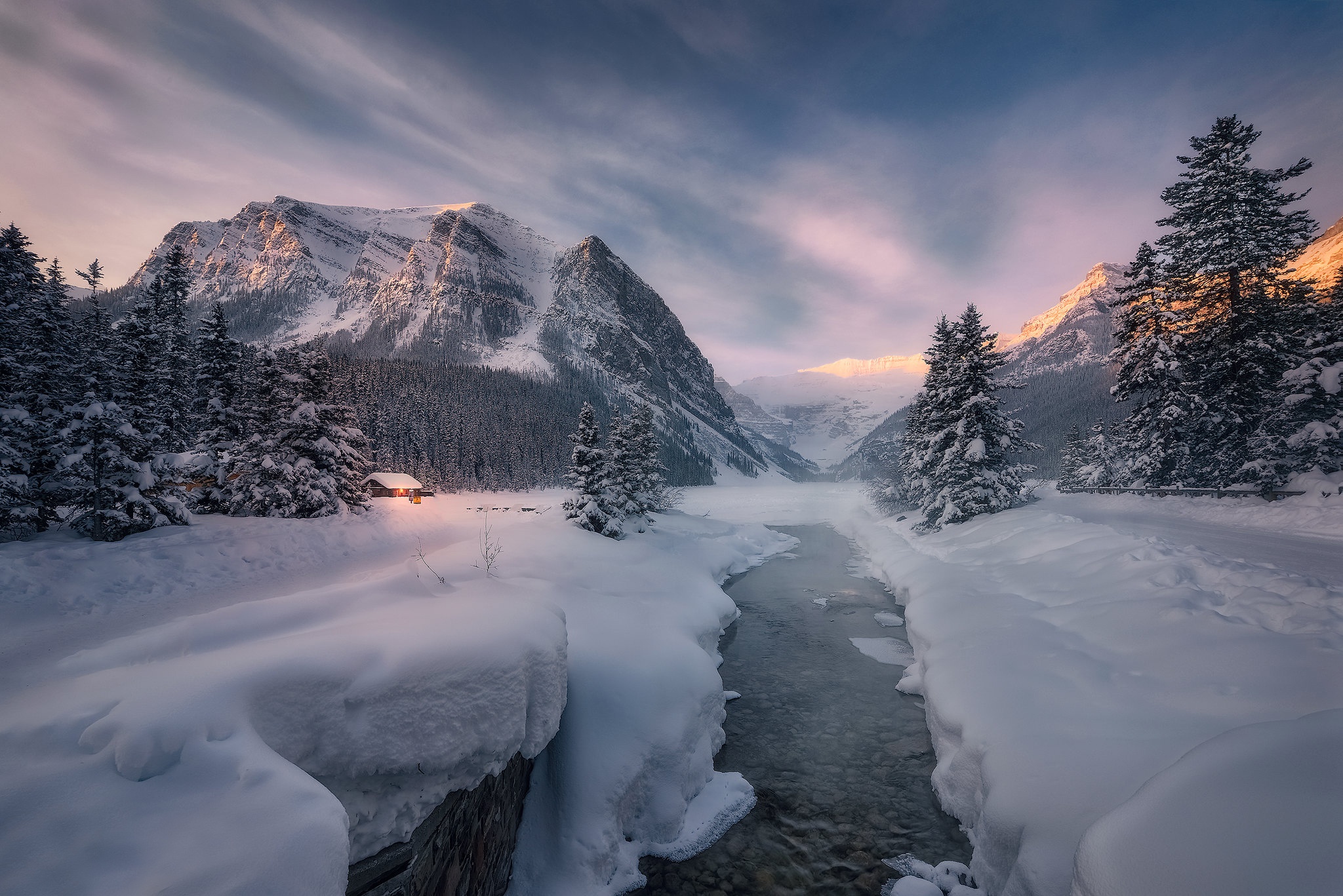 Handy-Wallpaper Winter, Schnee, Kanada, Fluss, Hütte, Fotografie, Alberta, Banff Nationalpark, Kanadische Rockies kostenlos herunterladen.