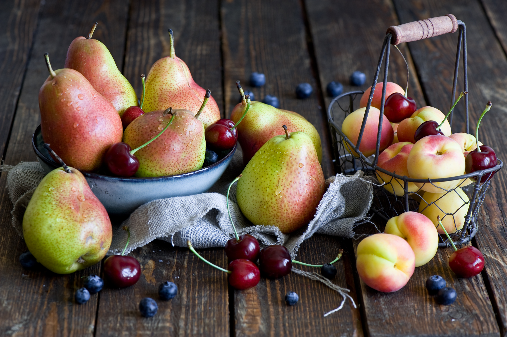 Download mobile wallpaper Fruits, Food, Cherry, Blueberry, Still Life, Fruit, Peach, Pear for free.