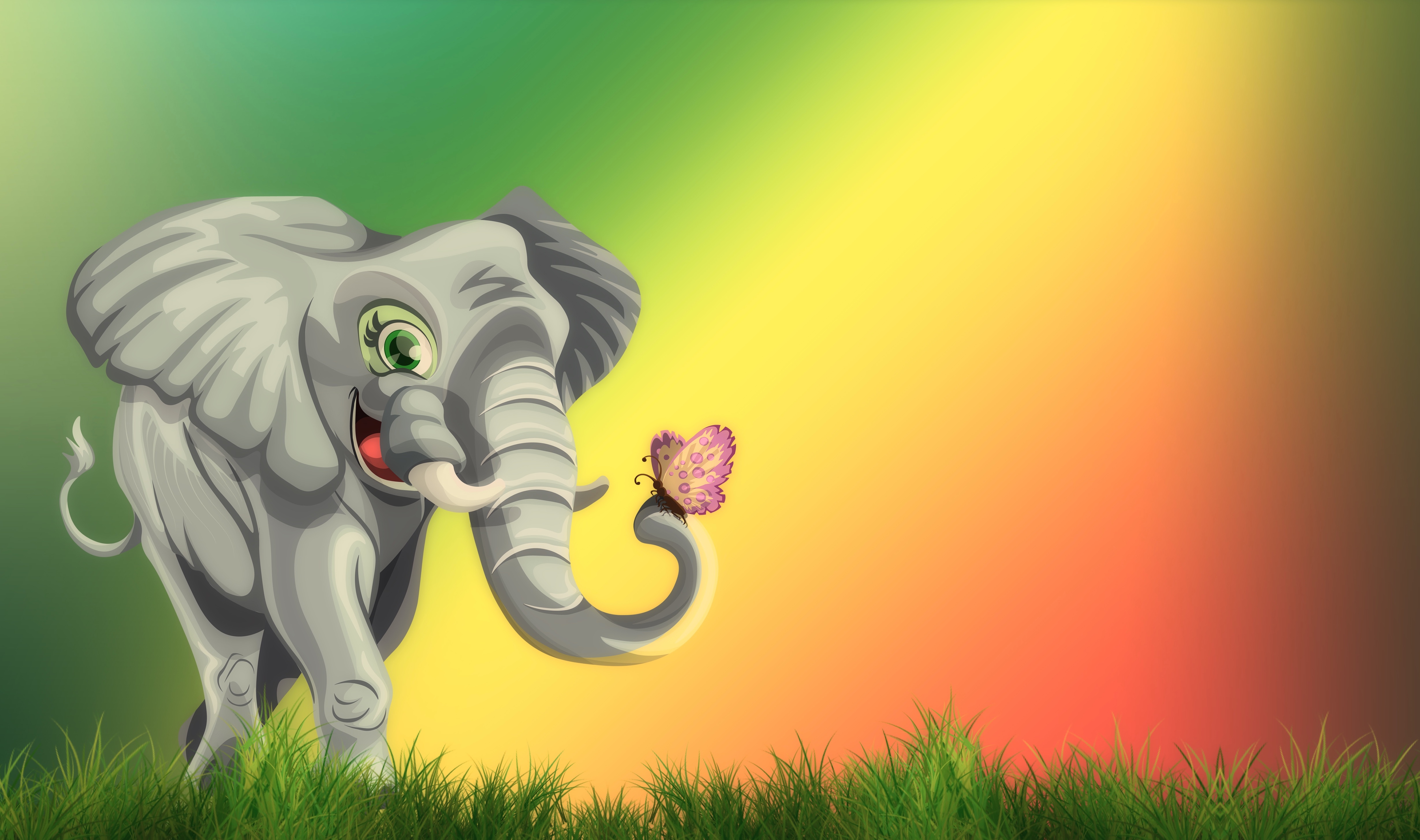 Download mobile wallpaper Nice, Sweetheart, Grass, Butterfly, Art, Elephant for free.