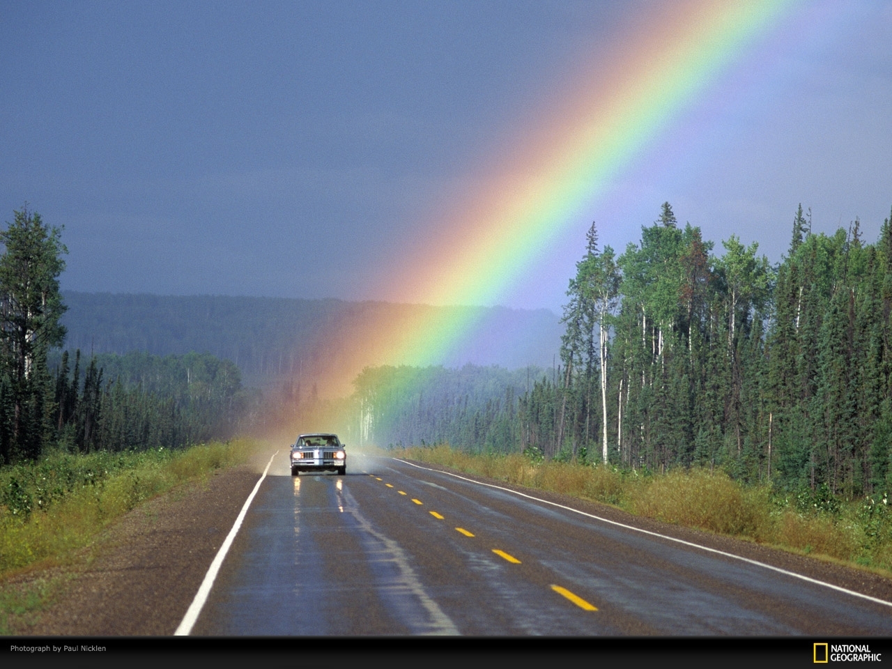 Download mobile wallpaper Auto, Roads, Landscape, Rainbow for free.
