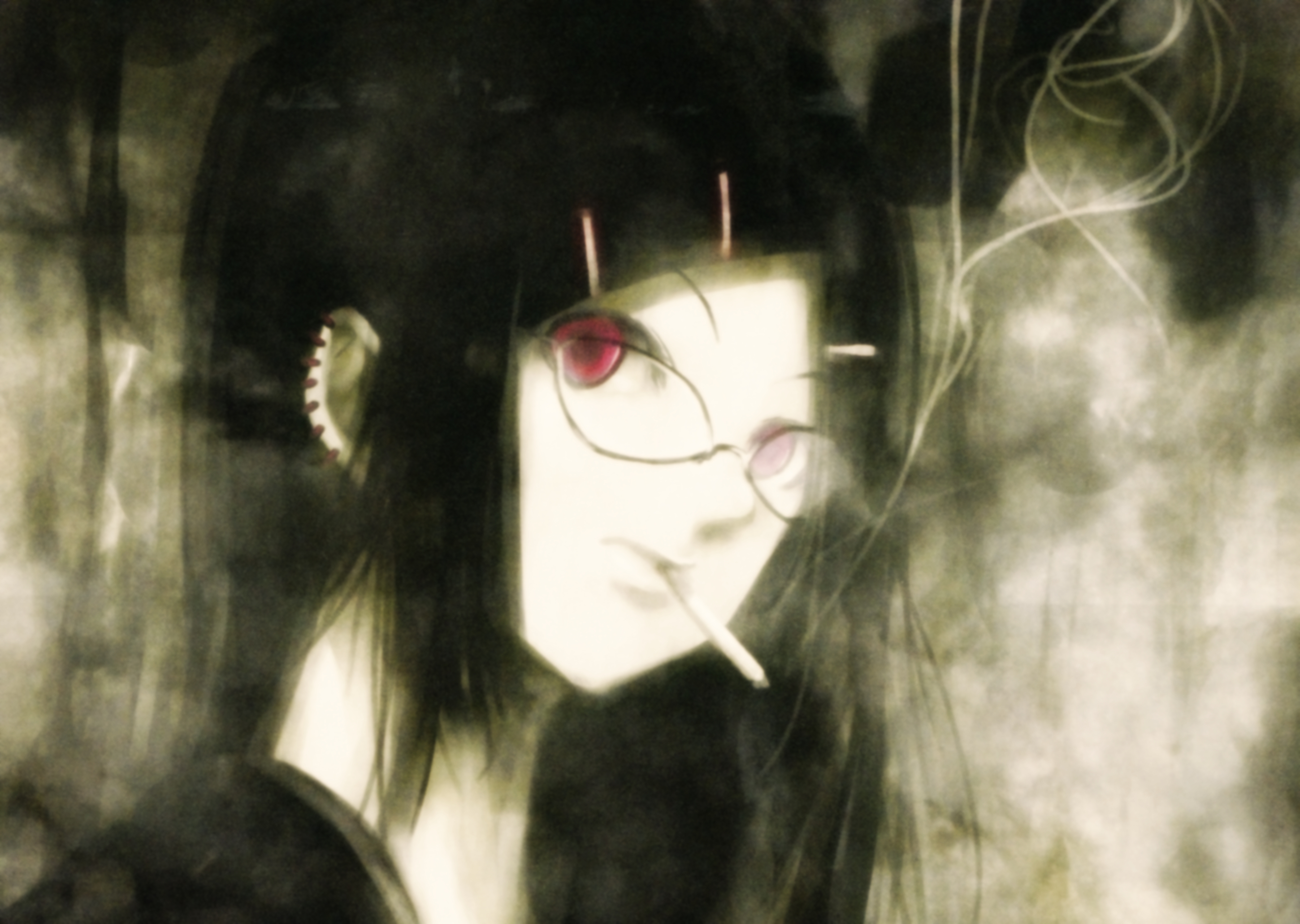 Download mobile wallpaper Anime, Glasses, Earrings, Original, Red Eyes, Black Hair, Long Hair, Cigarette for free.