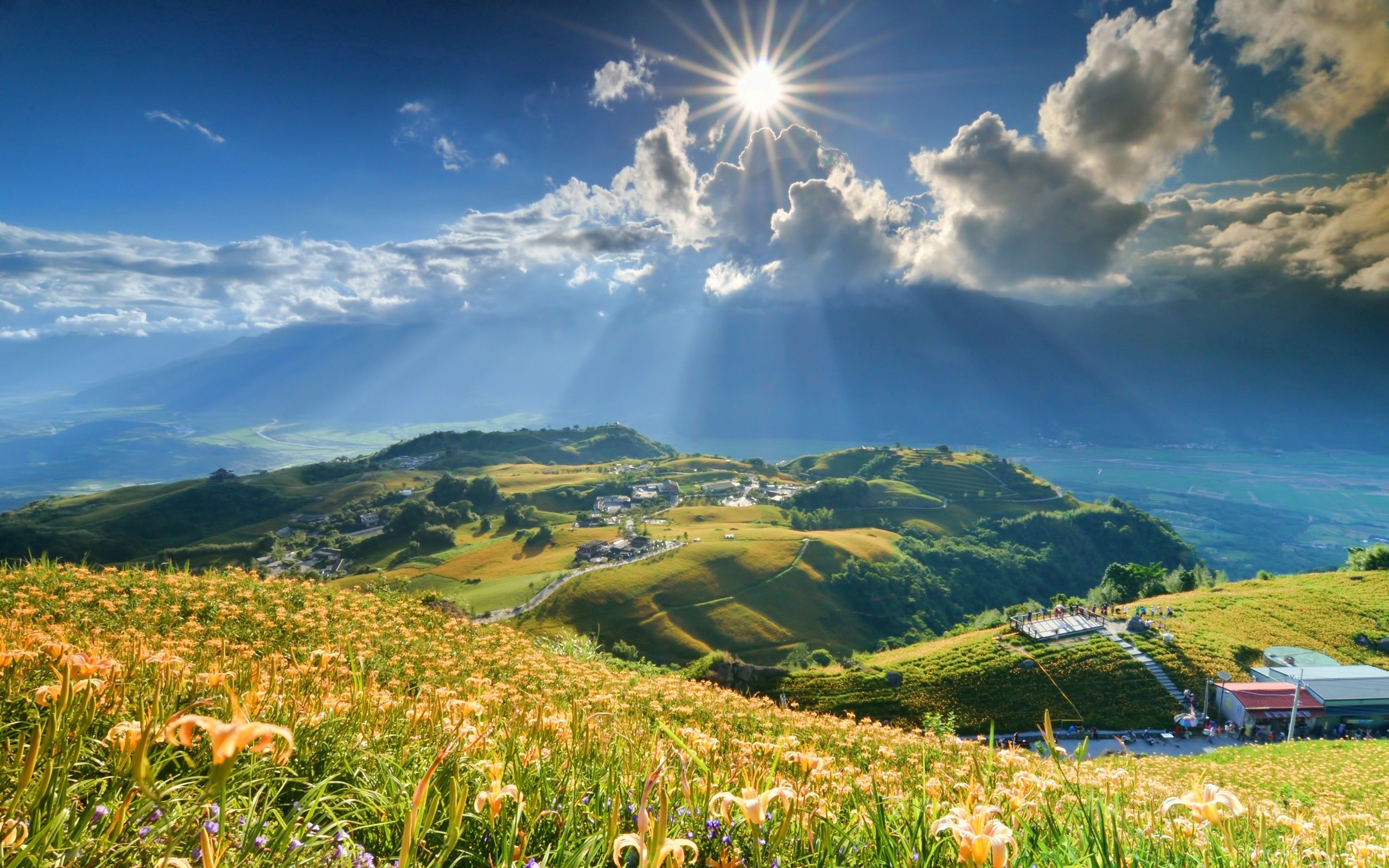 mountains, brilliance, grass, nature, sky, shine, light