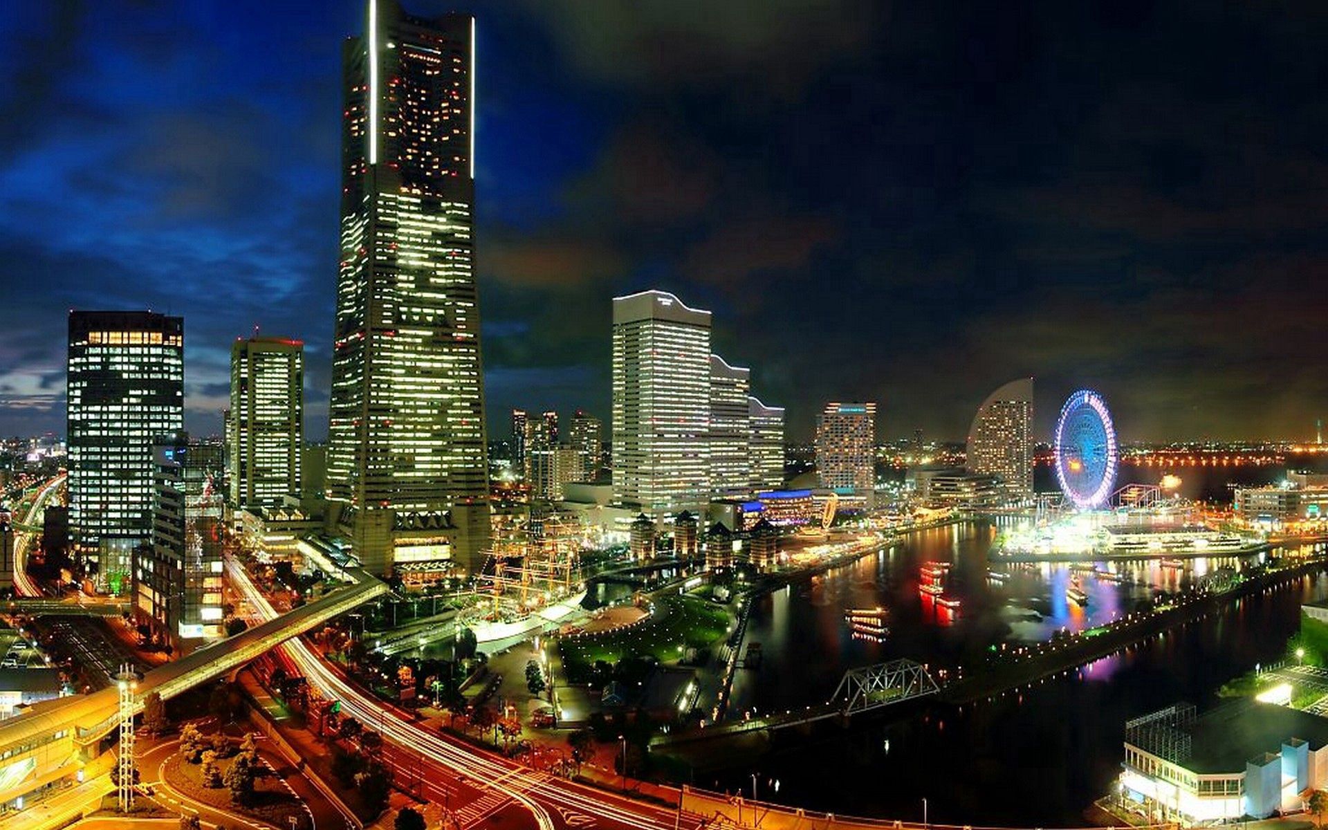 Скачати мобільні шпалери Вогні Міста, Мегаполіс, Йокогама, Розвиток, Розробка, Вечір, Міста, Японія безкоштовно.