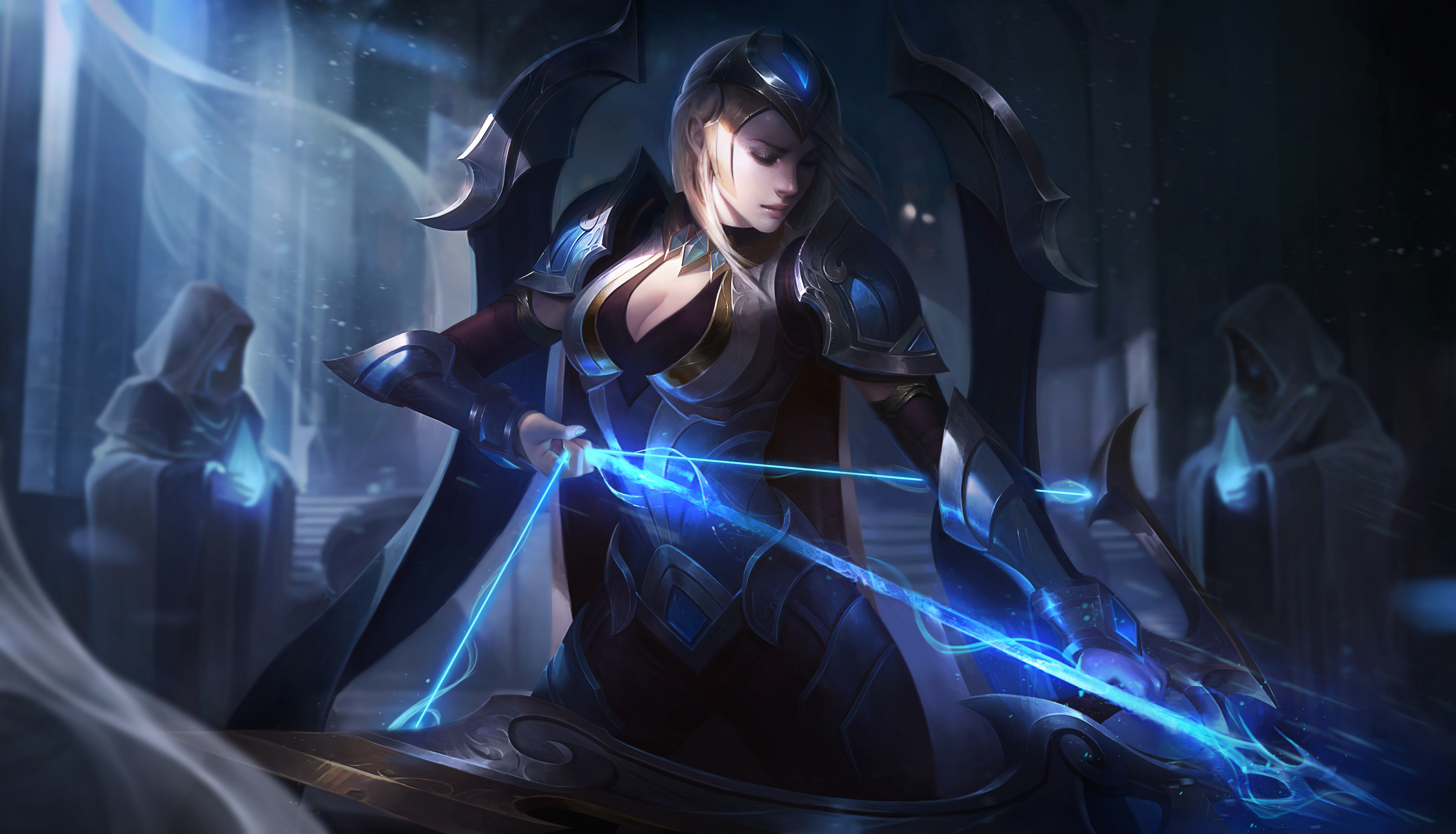 woman warrior, video game, league of legends, ashe (league of legends), blonde, bow